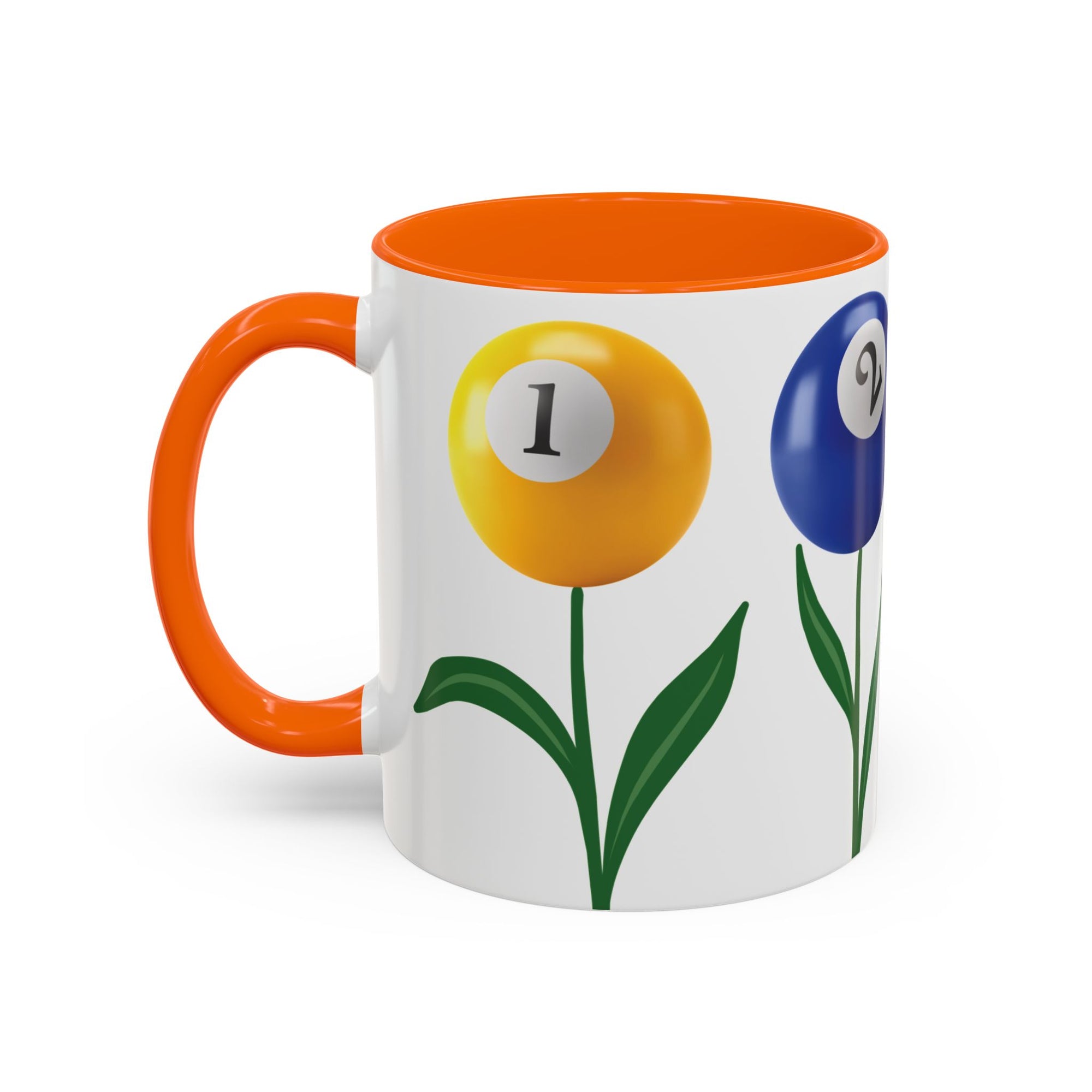 A white ceramic coffee mug with orange accents on the handle and interior, with four colorful flowers made out of billiards balls with green stems, on a white background