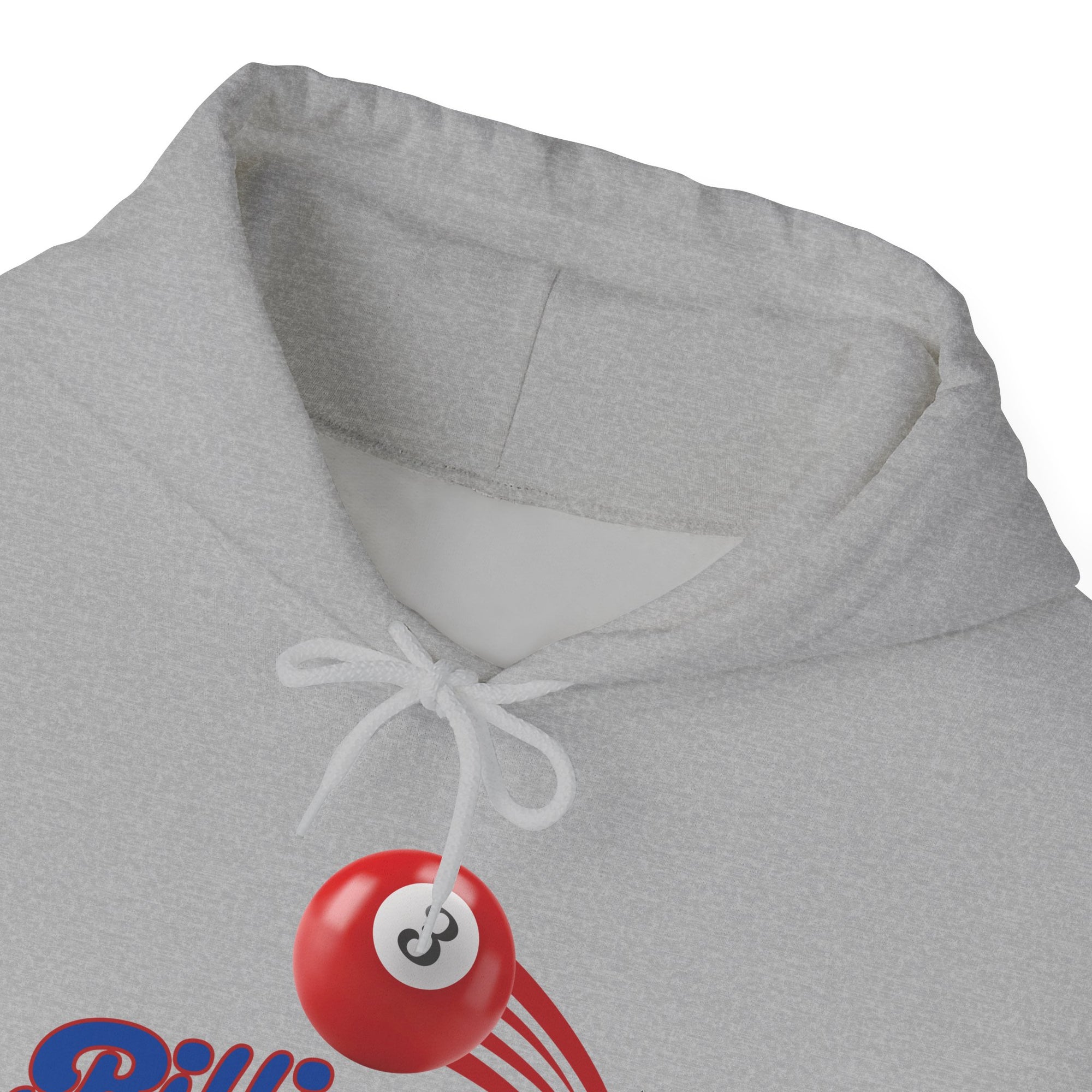 Close-up of the neckline of a gray hoodie with billiards ball and text that says "Billiards" against a white background