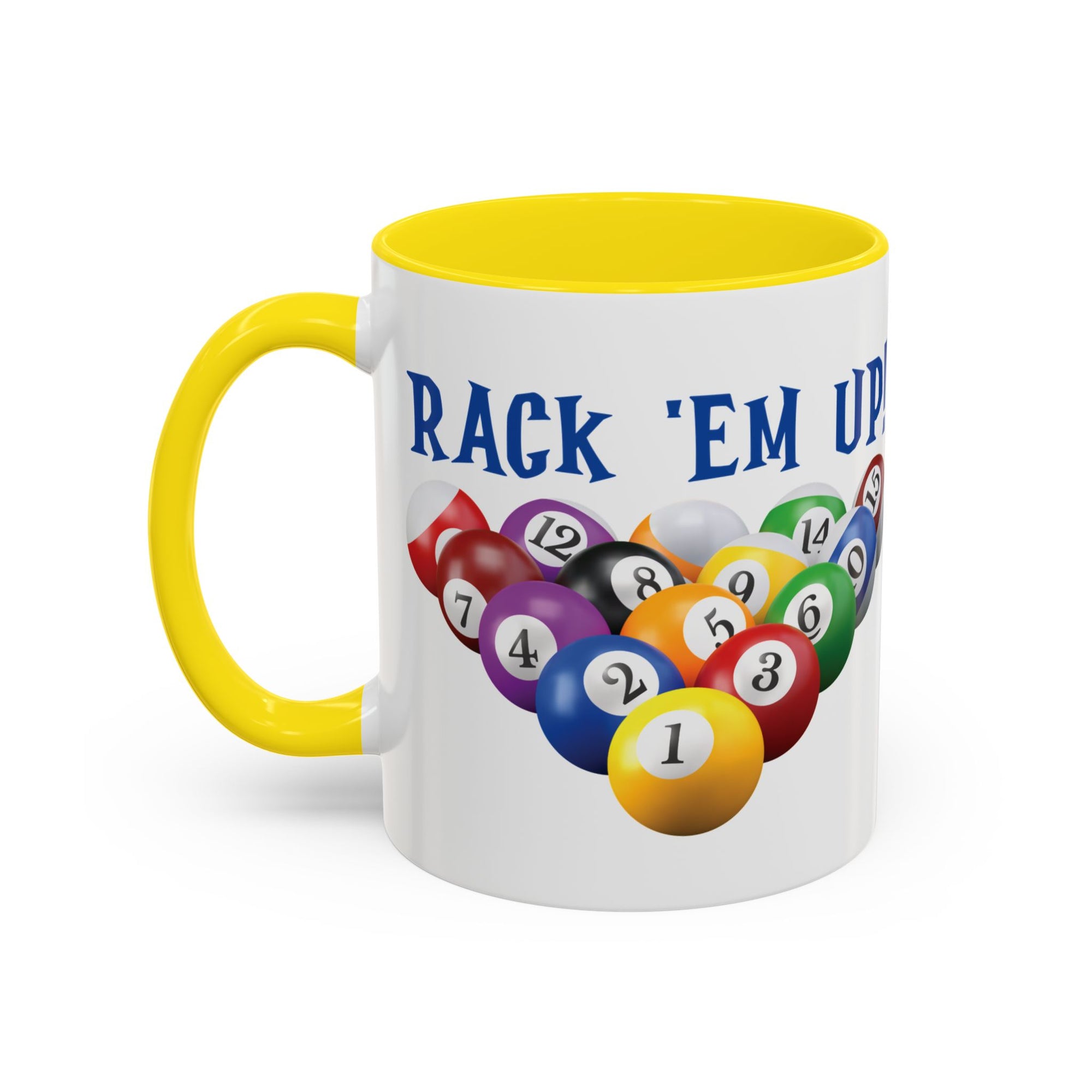 A white ceramic coffee mug with yellow accents on the handle and interior, with racked pool ball design and 'Rack 'Em Up!' text, against a white background