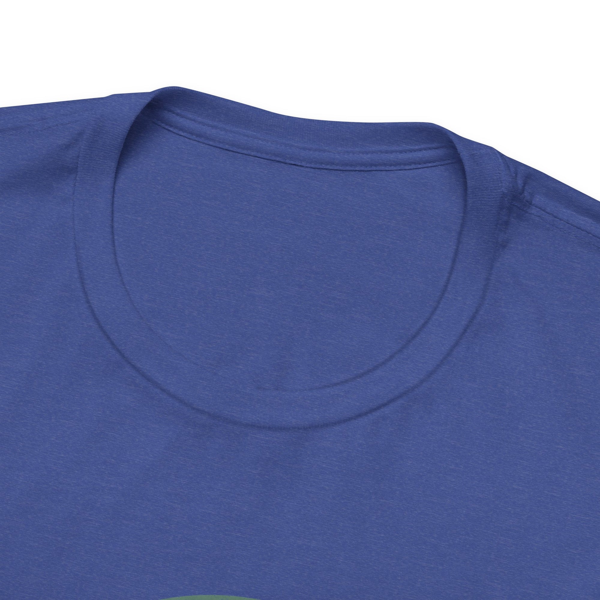 Close-up of a blue t-shirt with a focus on the neckline.