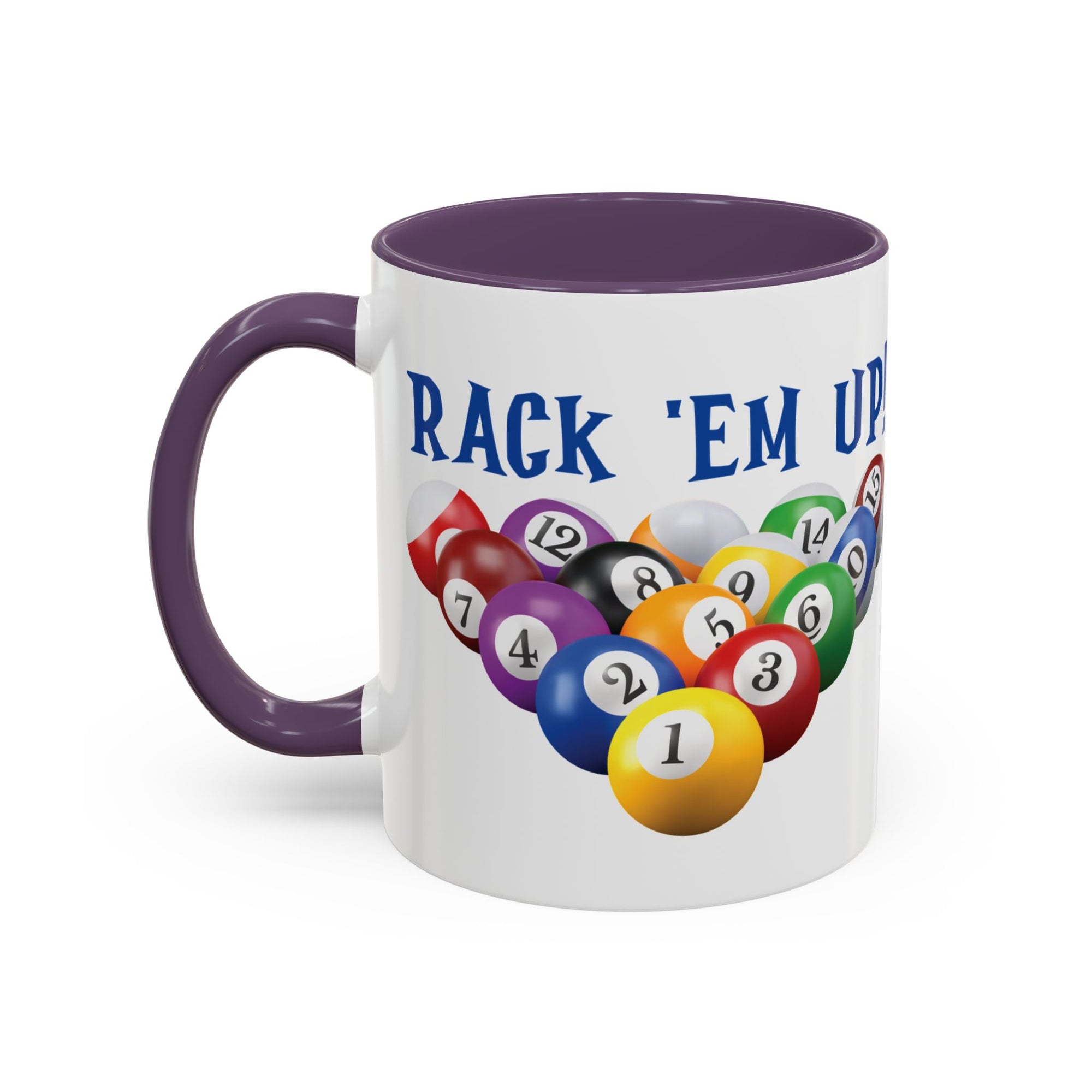 A white ceramic coffee mug with purple accents on the handle and interior, with racked pool ball design and 'Rack 'Em Up!' text, against a white background