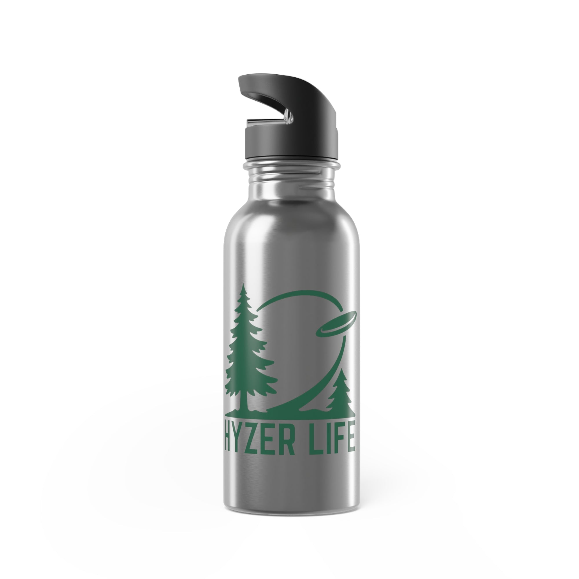 Stainless steel water bottle with lid with green graphic of trees and a disc golf flying with the words 'HYZER LIFE' below the image, on a white background.