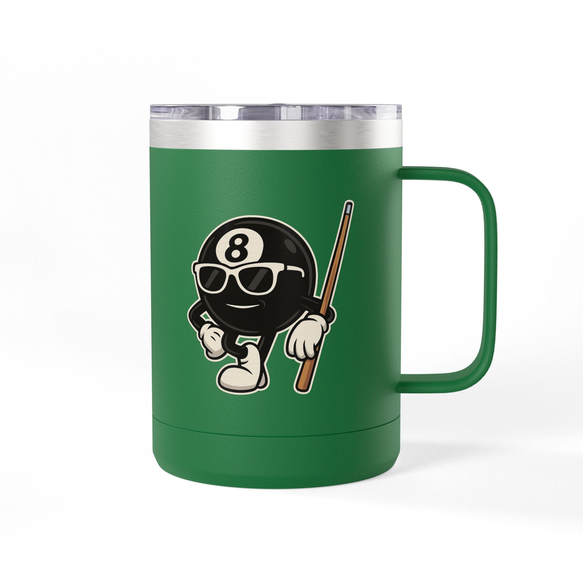 A green travel coffee mug tumbler with handle and a lid, with a graphic of a cartoon billiards 8 ball with arms and legs and wearing sunglasses and leaning on a cue stick, on a white background