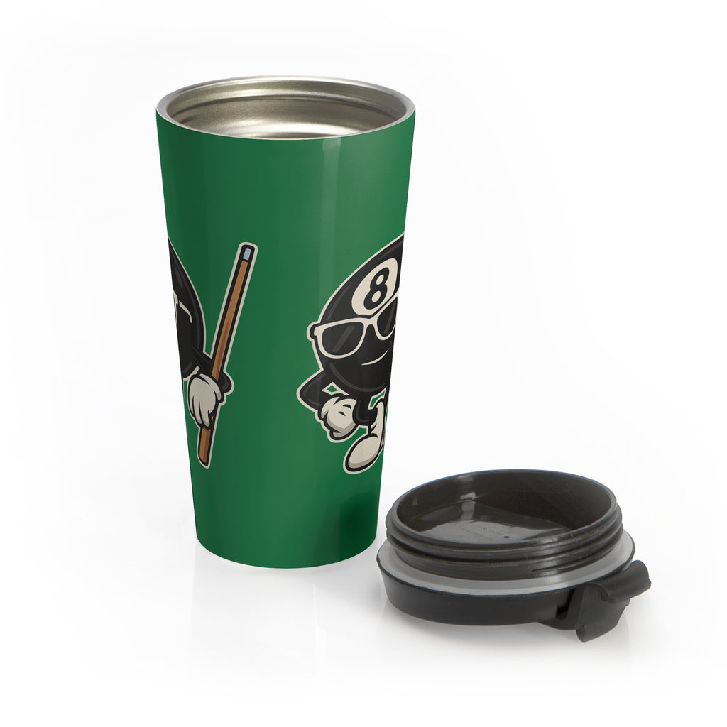 A green travel mug with a black lid next to the mug, with a graphic of a cartoon billiards 8 ball with arms and legs and wearing sunglasses and leaning on a cue stick, on a white background