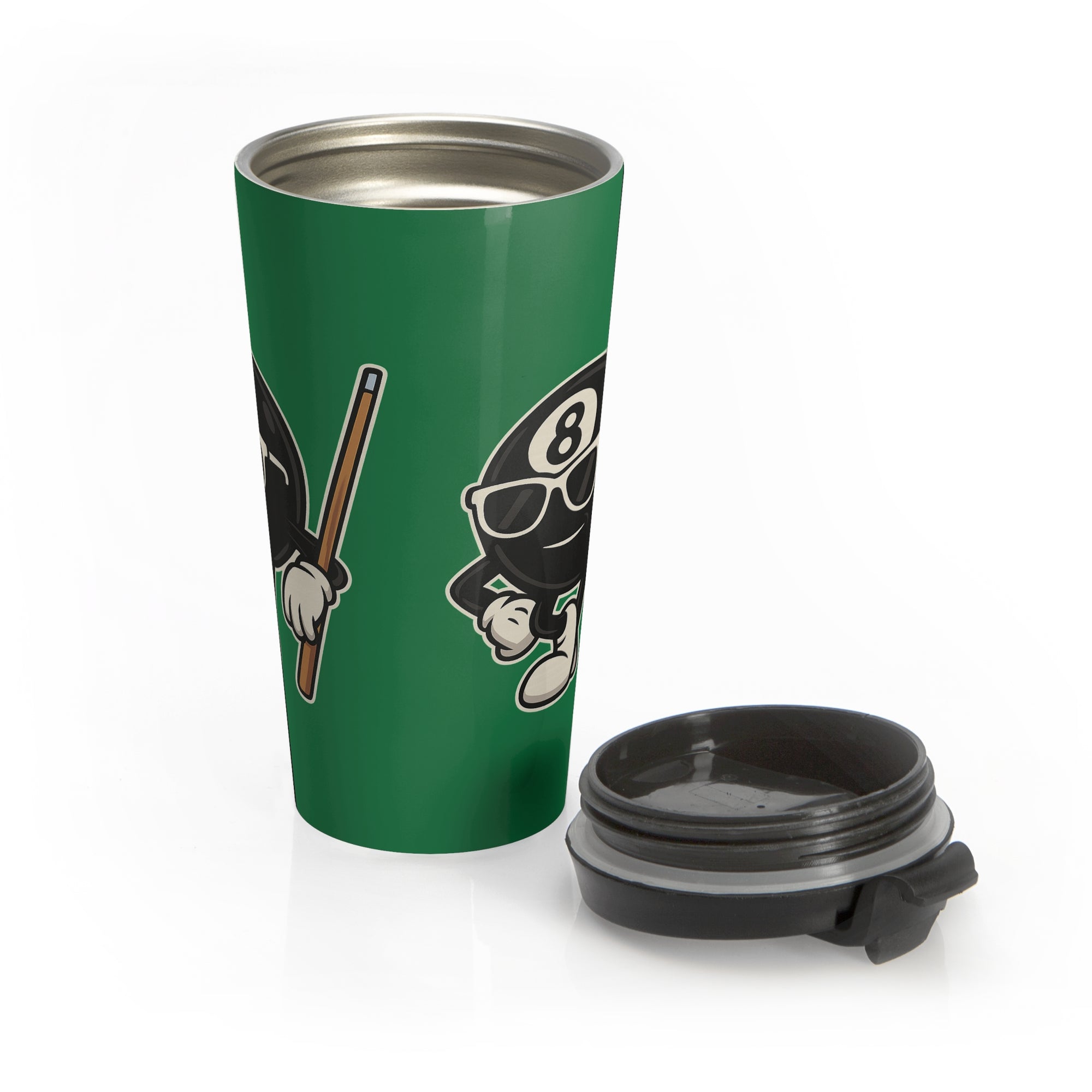 A green travel mug with a black lid next to the mug, with a graphic of a cartoon billiards 8 ball with arms and legs and wearing sunglasses and leaning on a cue stick, on a white background