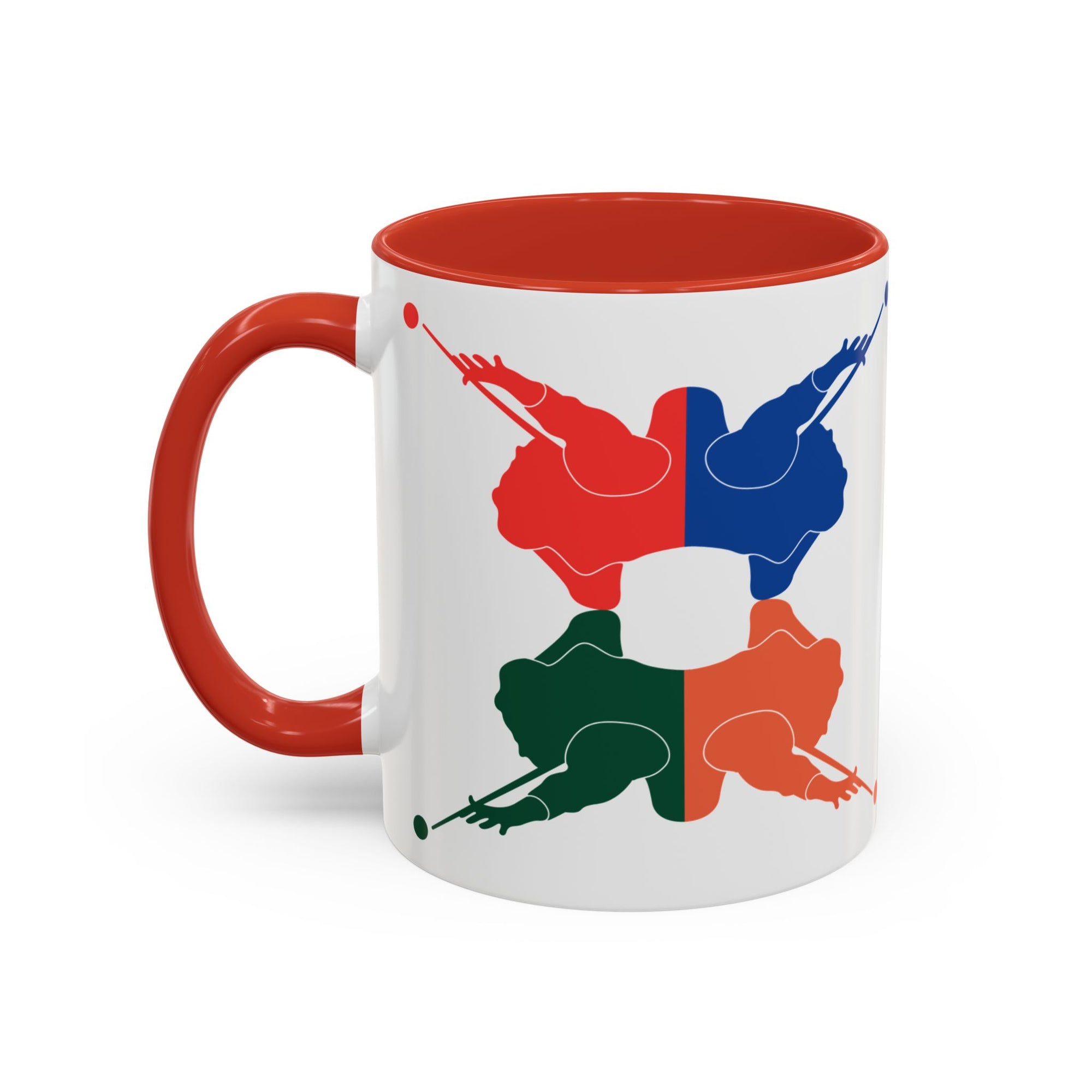 A white ceramic coffee mug with red accents on the handle and interior, with colorful graphic of 4 billiards player silhouettes in a pop art style, against a white background