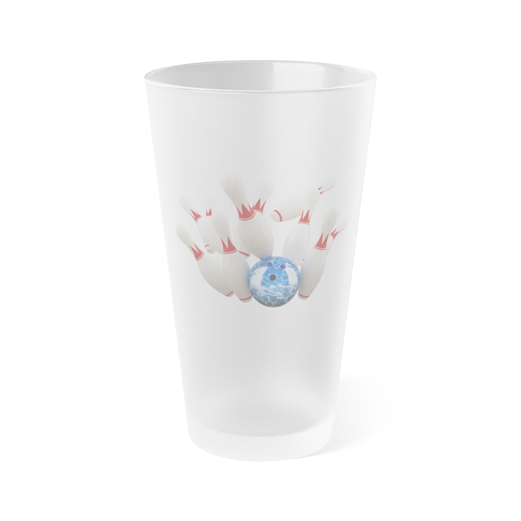 A frosted pint glass with a graphic of a blue bowling ball knocking over bowling pins, on a white background