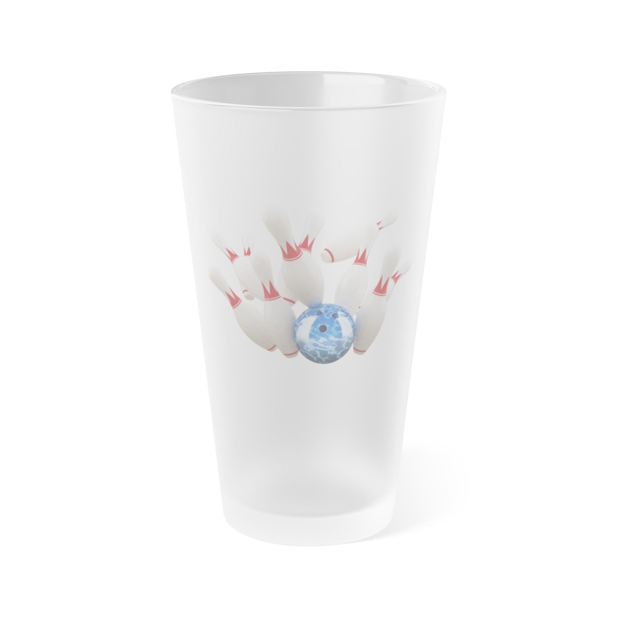 A frosted pint glass with a graphic of a blue bowling ball knocking over bowling pins, on a white background
