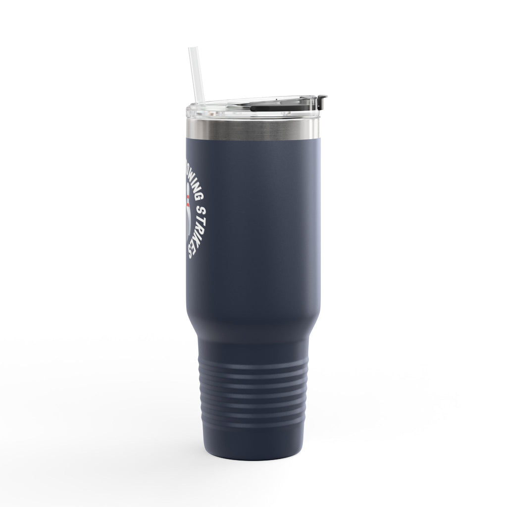 Side view of a dark blue 40oz travel mug with bowling pins and a bowling ball and text saying "I'd Rather Be Throwing Strikes" on white background
