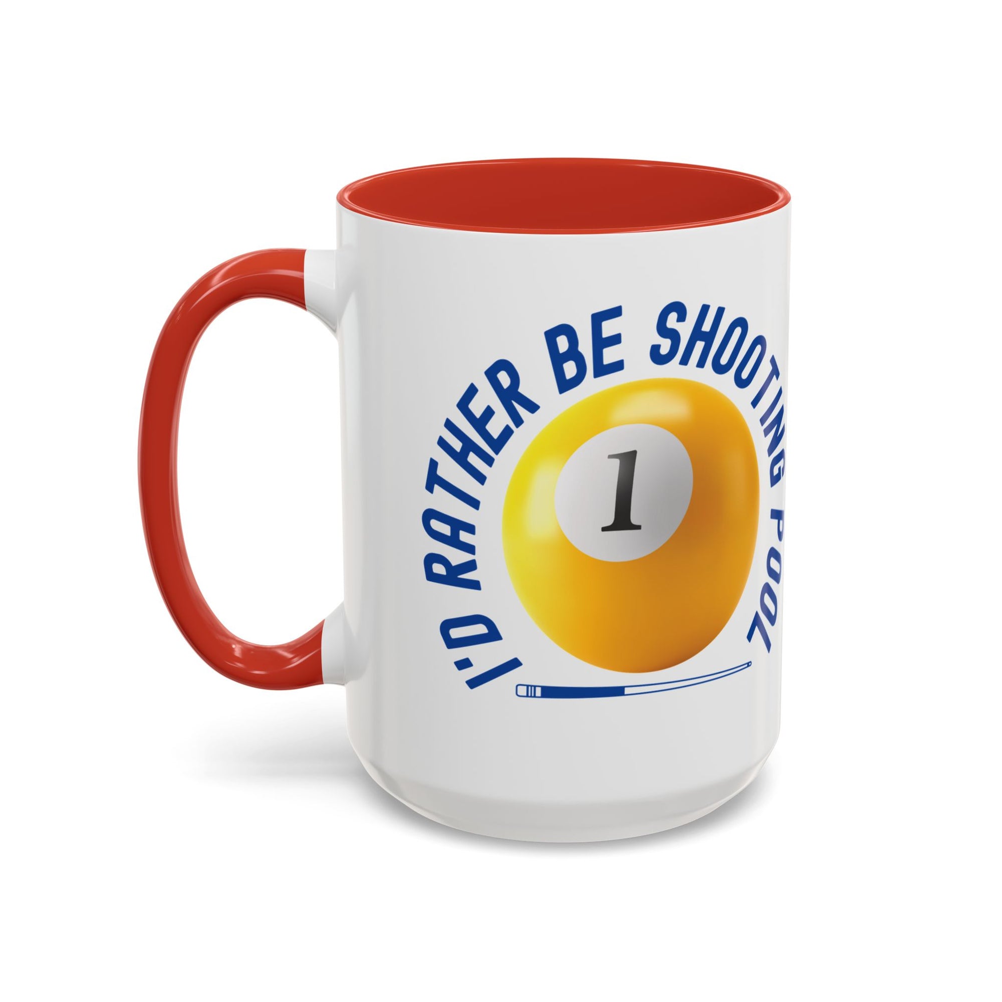 Ceramic coffee mug with red accents on the handle and interior, with a yellow billiards ball and cue stick graphic and the text "I'd Rather Be Shooting Pool" on a white background