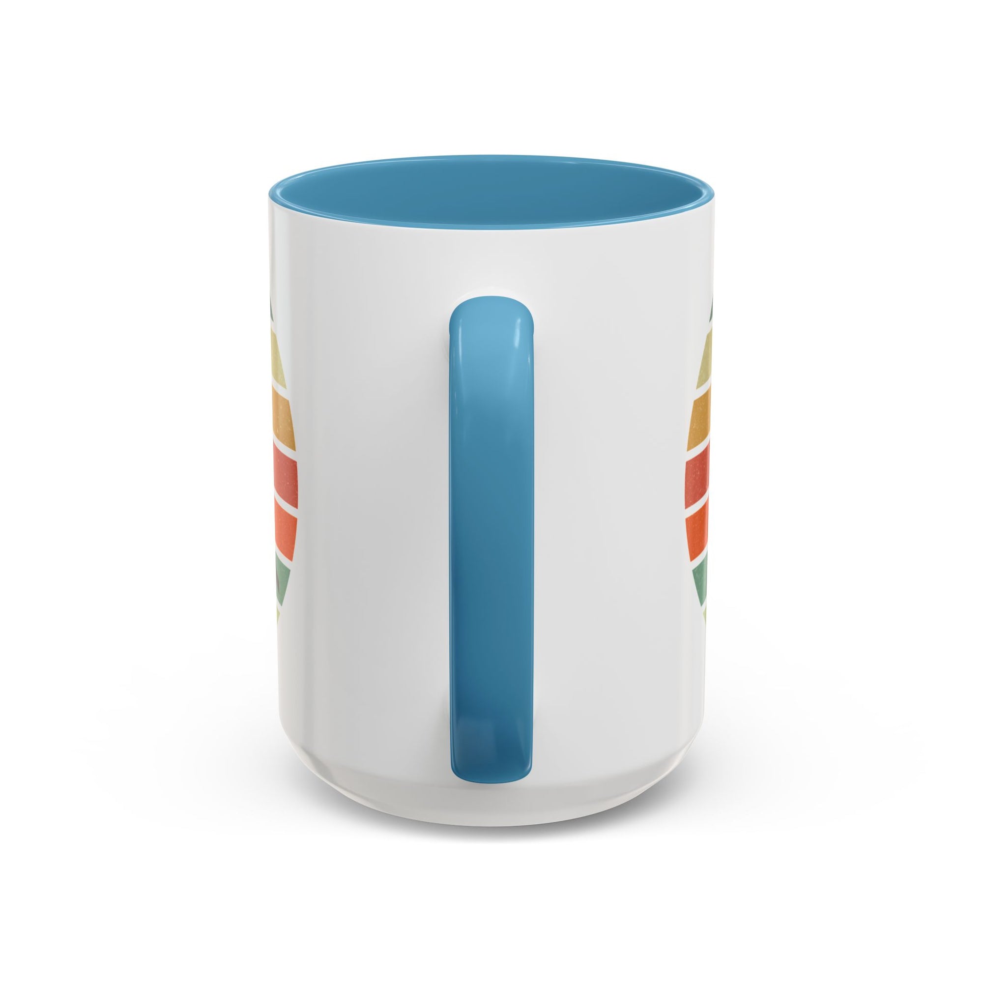 Back view of a mug with light blue accents and a graphic of a billiards player silhouette over a colorful retro design on a white background.