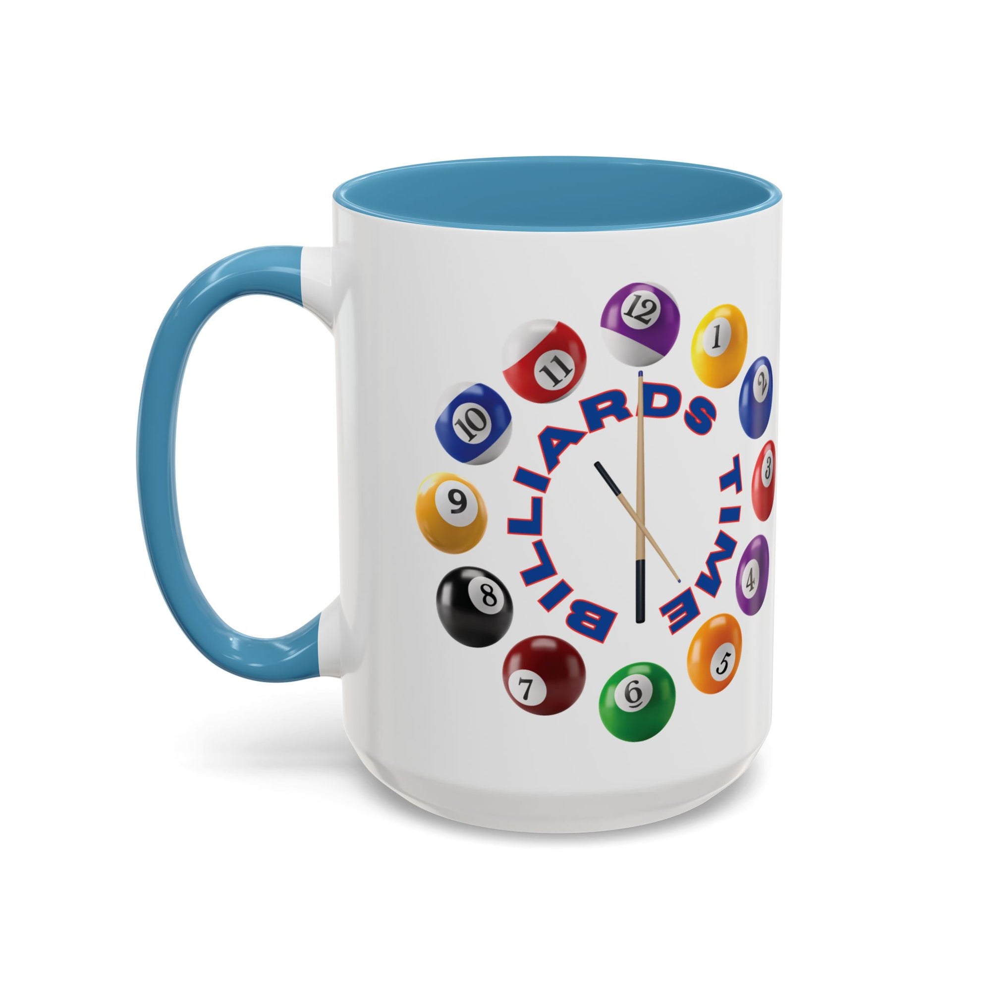 A white ceramic coffee mug with light blue accents on the handle and interior, with the text "Billiards Time" surrounded by a clock made up of colorful billiard balls and cue sticks, on a white background