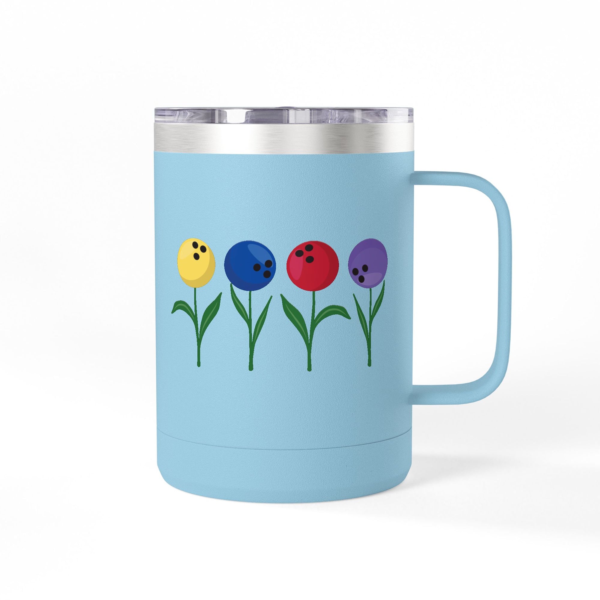 A light blue travel mug tumbler with lid and handle, with colorful flowers made out of bowling balls, on a white background