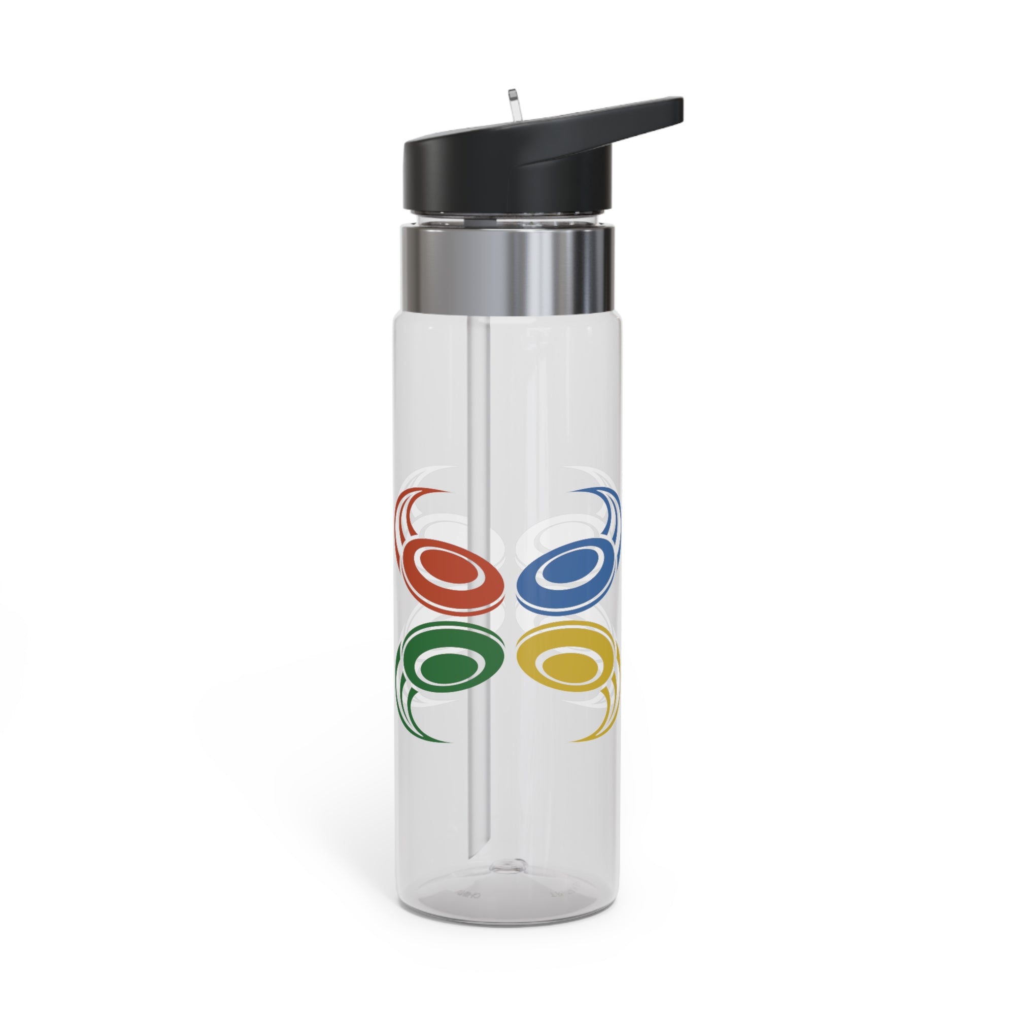 A clear water bottle with lid featuring a colorful graphic of flying disc golf discs, against a white background