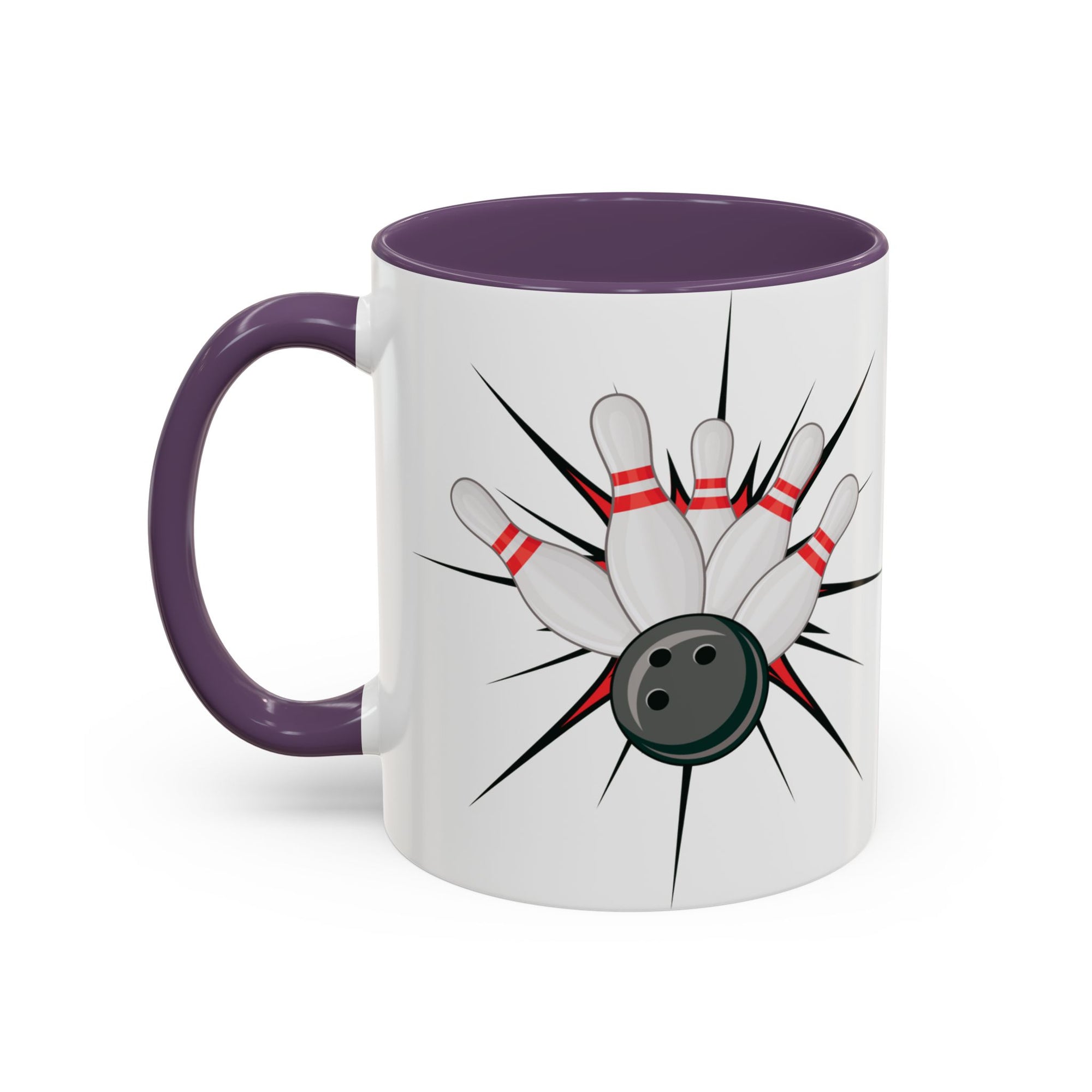 A white ceramic coffee mug with purple accents on the handle and interior, with a graphic design of a bowling ball smashing into pins on a white background