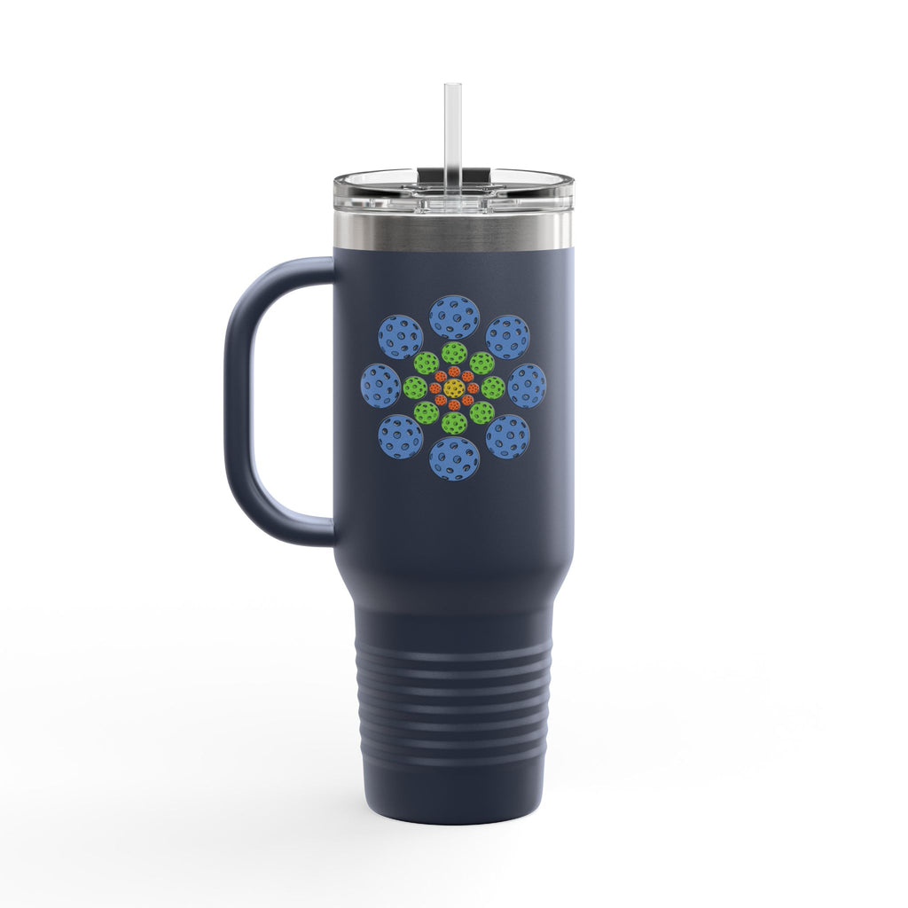 Navy blue 40oz stainless steel tumbler mug with lid, straw, and handle featuring a colorful geometric design of pickleballs against a white background