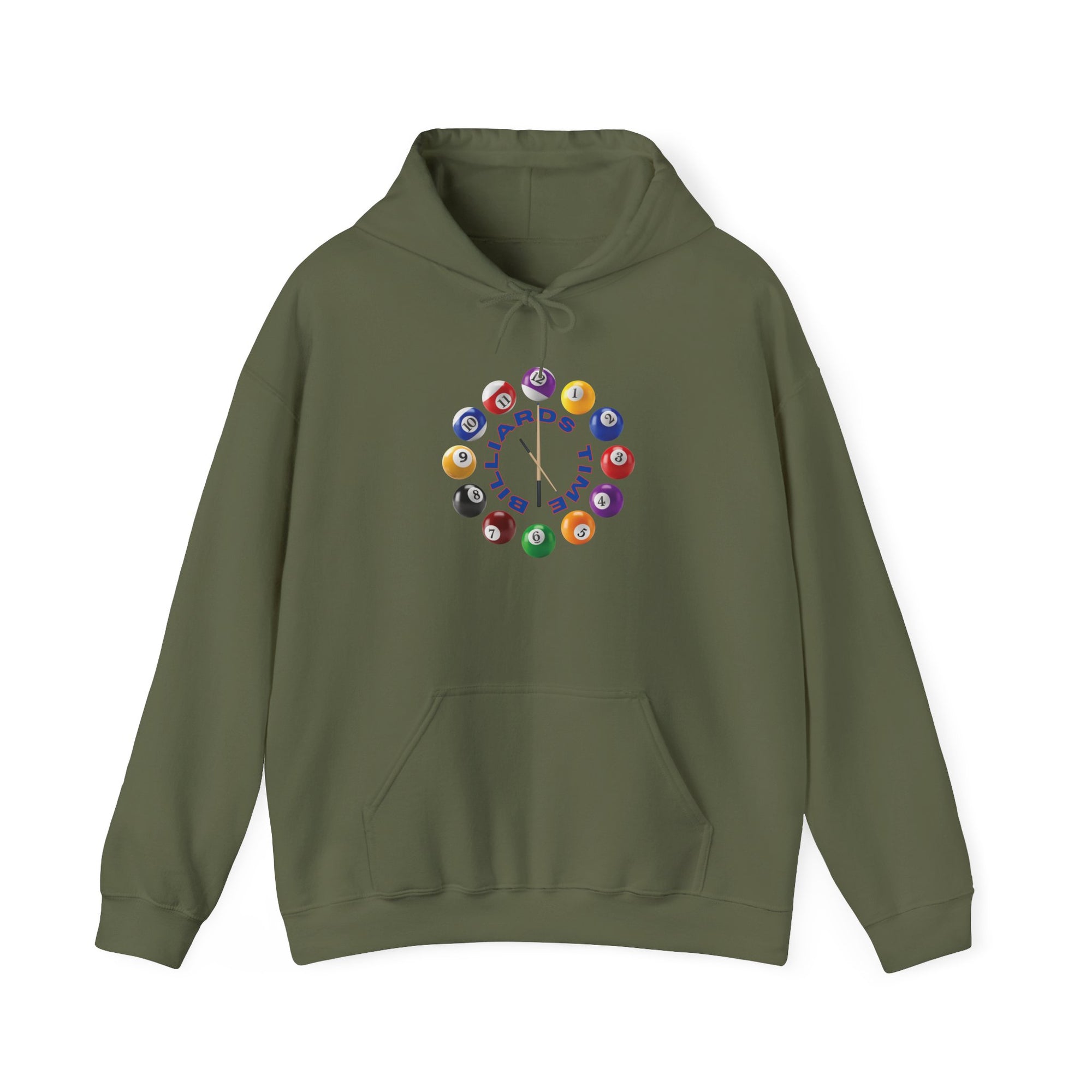 Military green hoodie with the text "Billiards Time" surrounded by a clock made up of colorful billiard balls and cue sticks, on a white background
