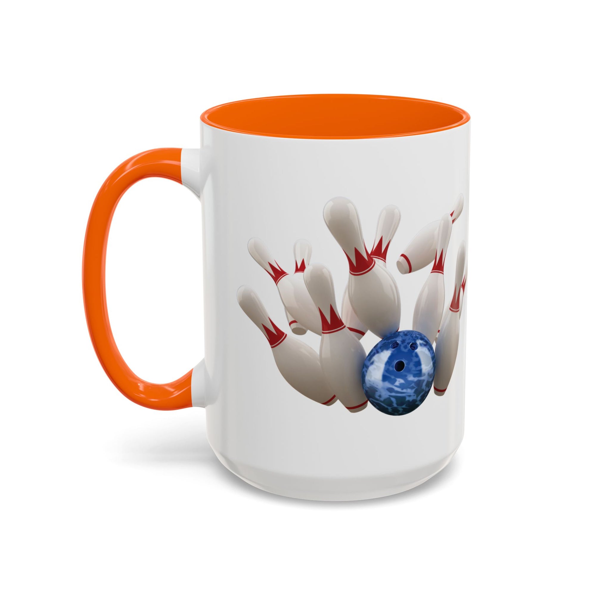 A white ceramic coffee mug with orange accents on the handle and interior, with a graphic of a blue bowling ball knocking over bowling pins, on a white background