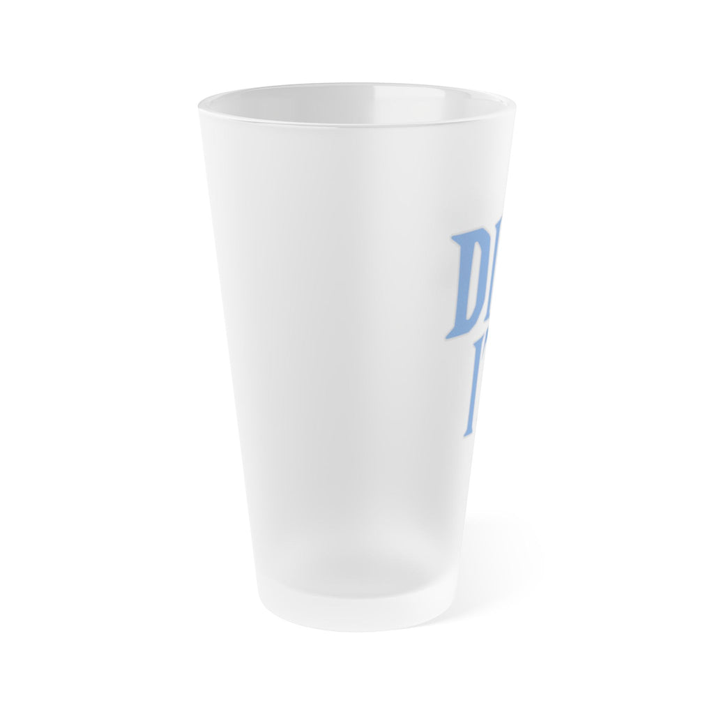 Side view of a frosted pint glass with "Dink It!" in blue font, on a white background