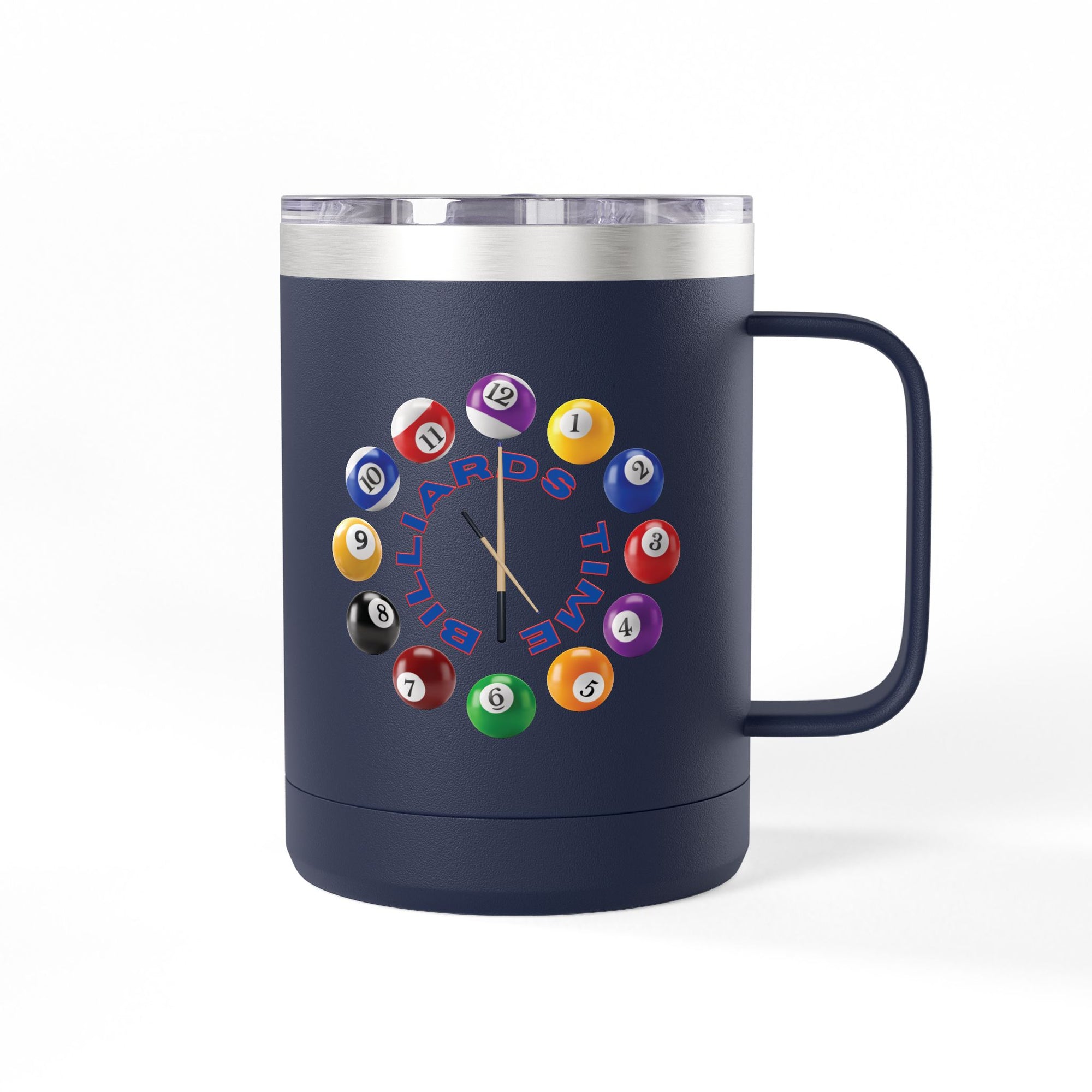 Dark blue travel coffee mug tumbler with a lid, with the text "Billiards Time" surrounded by a clock made up of colorful billiard balls and cue sticks, on a white background