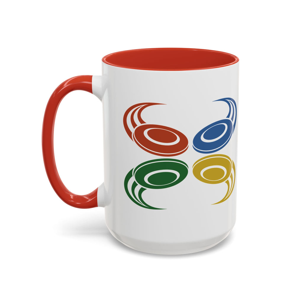 A ceramic mug with red accents on the handle and interior, featuring a graphic of four colorful disc golf discs