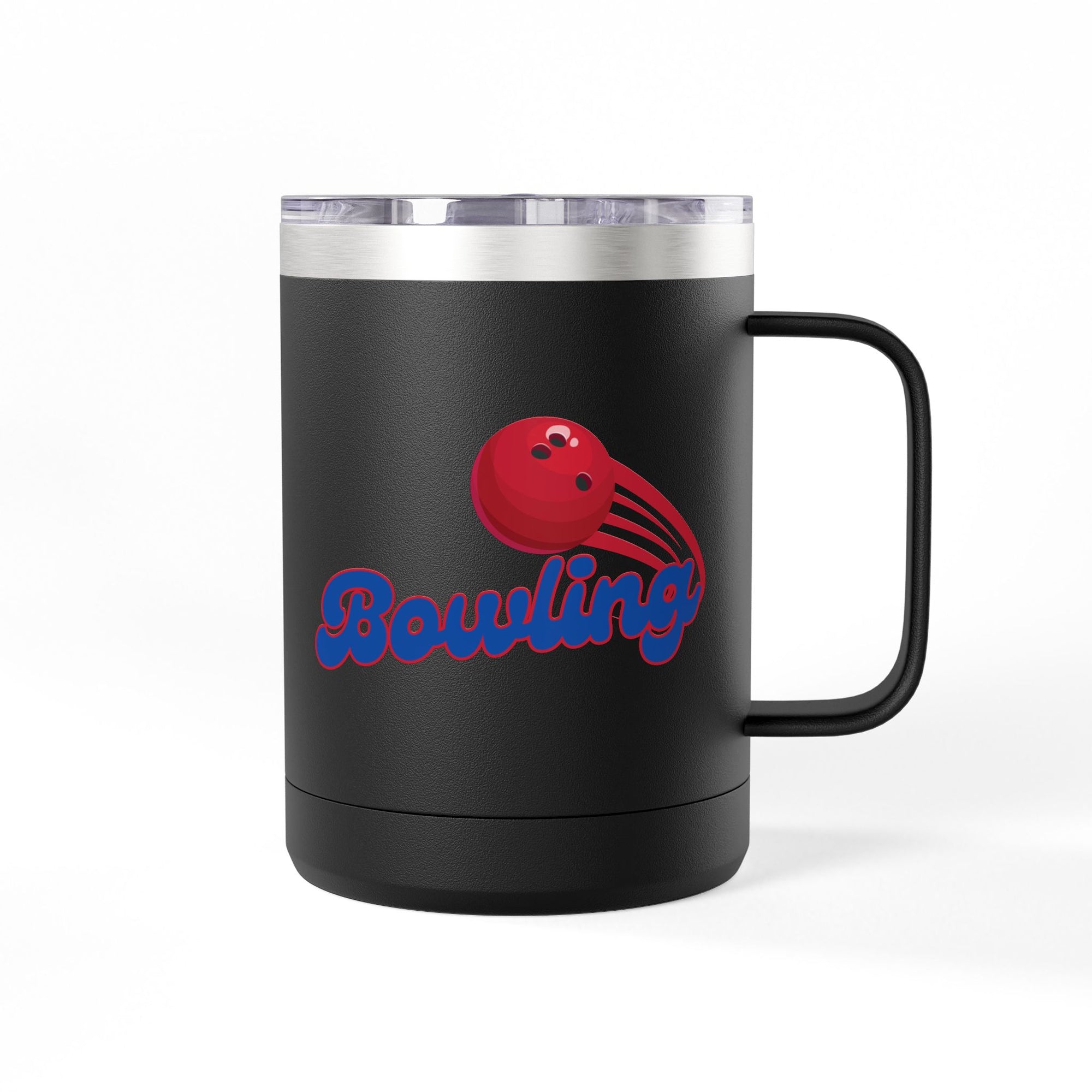 Black travel mug with lid and handle with red bowling ball and blue 'Bowling' text on a white background