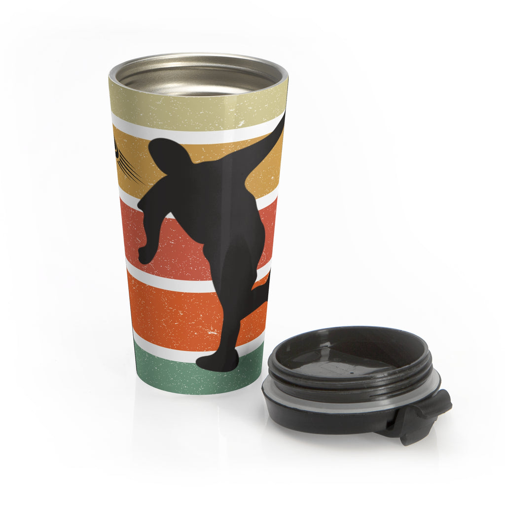 Travel mug with a silhouette design of a disc golf player over a colorful retro image and the lid next to the mug, on a white background