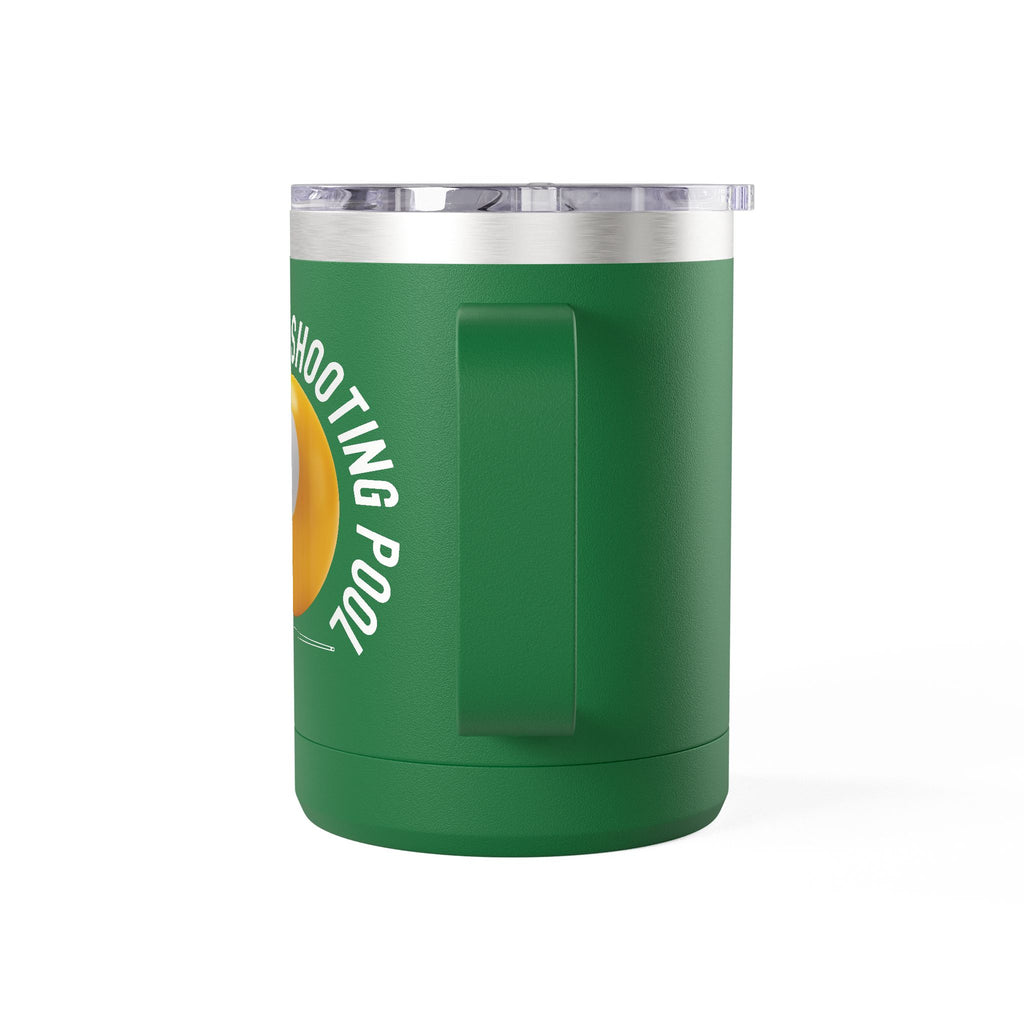 Back view of a green travel coffee mug with lid and handle with a yellow billiards ball and cue stick graphic and the text "I'd Rather Be Shooting Pool" on a white background