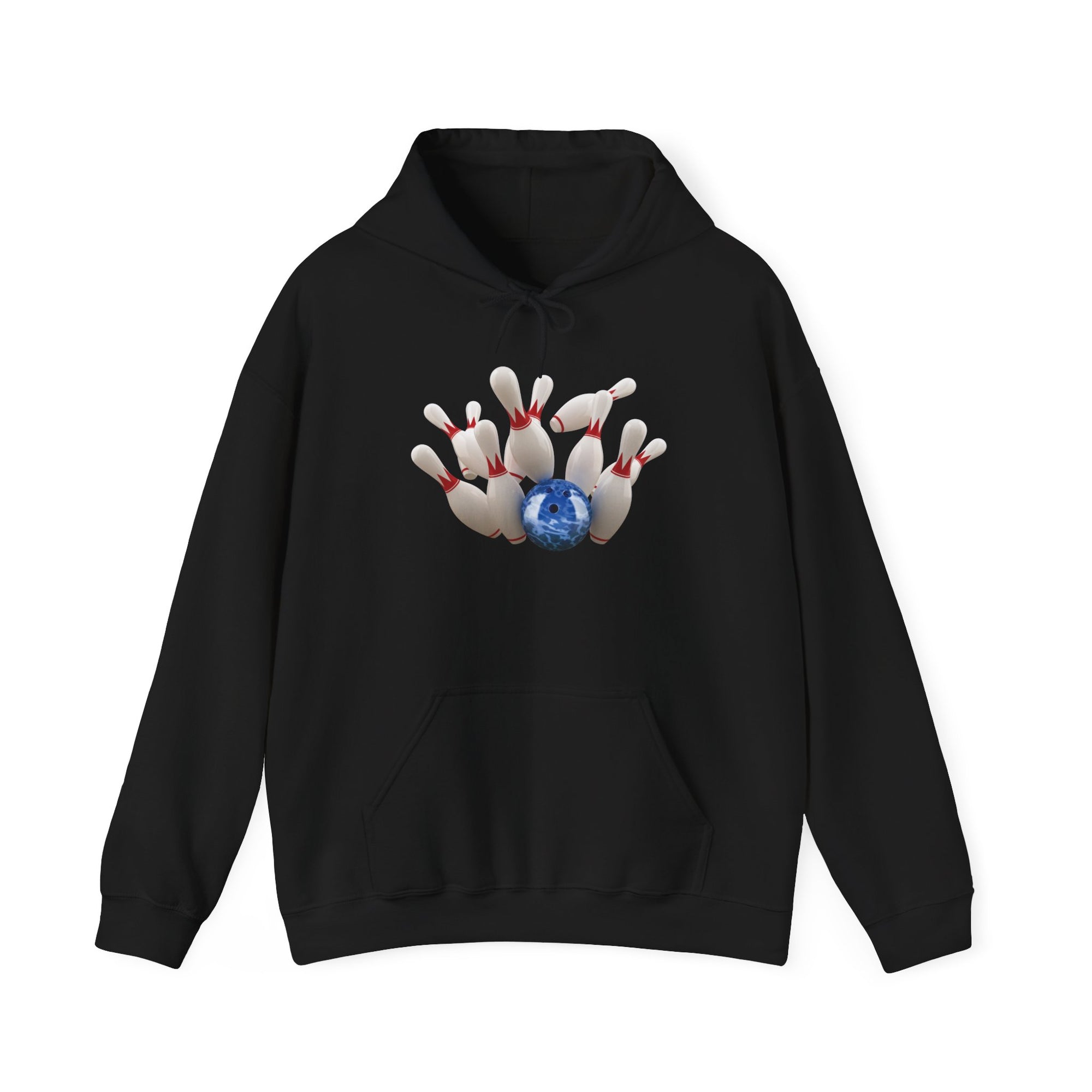 Black hoodie with a graphic of a blue bowling ball knocking over bowling pins, on a white background