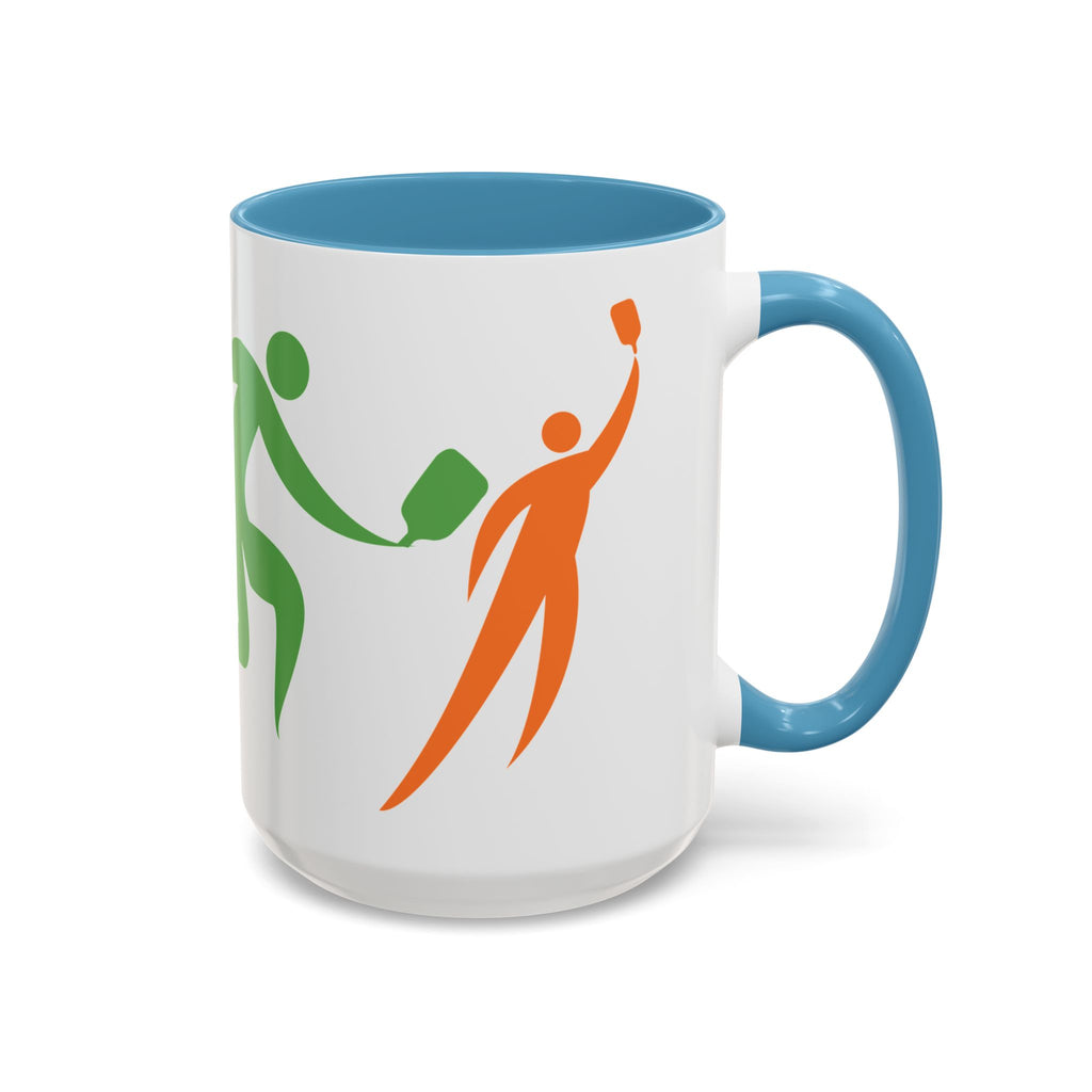 Ceramic coffee mug with light blue accents on the handle and interior, featuring an image of four colorful pickleball player drawings playing pickleball against a white background