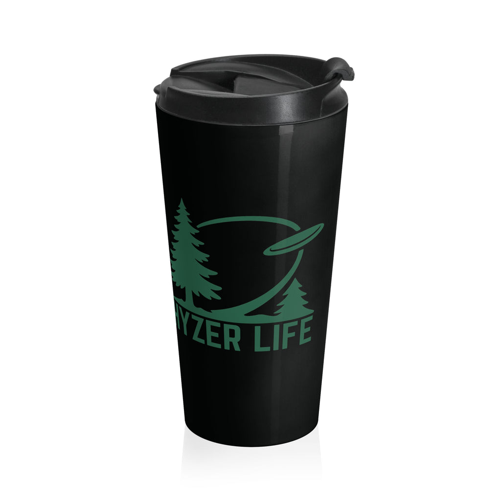 Black stainless steel travel mug with lid with green graphic of trees and a disc golf flying with the words 'HYZER LIFE' below the image on a white background.