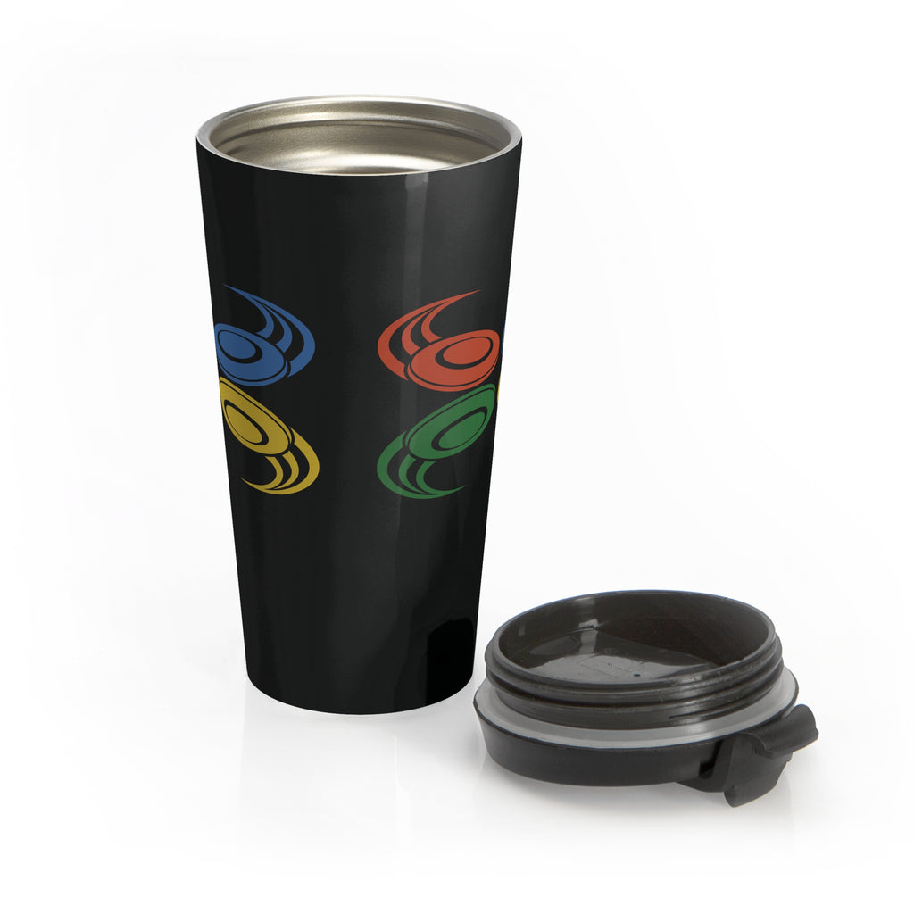 A black travel mug with a lid sitting next to the mug featuring a colorful graphic of flying disc golf discs, against a white background
