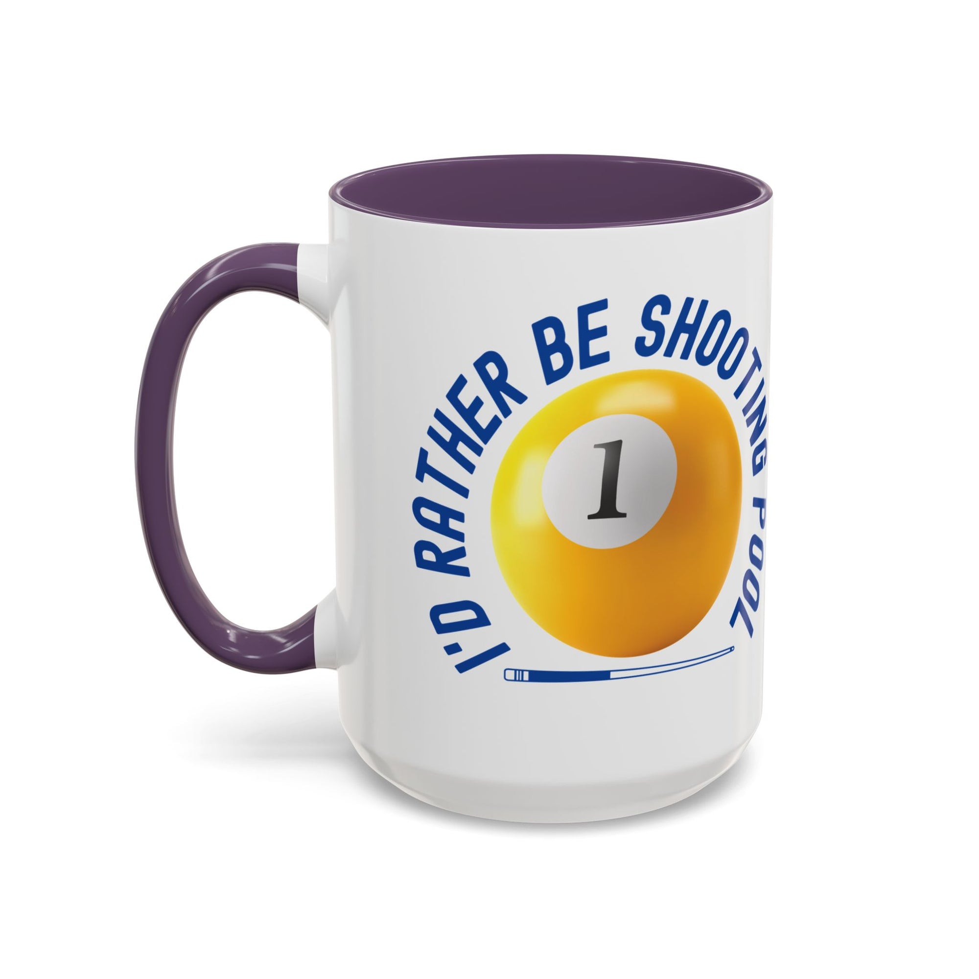 Ceramic coffee mug with purple accents on the handle and interior, with a yellow billiards ball and cue stick graphic and the text "I'd Rather Be Shooting Pool" on a white background