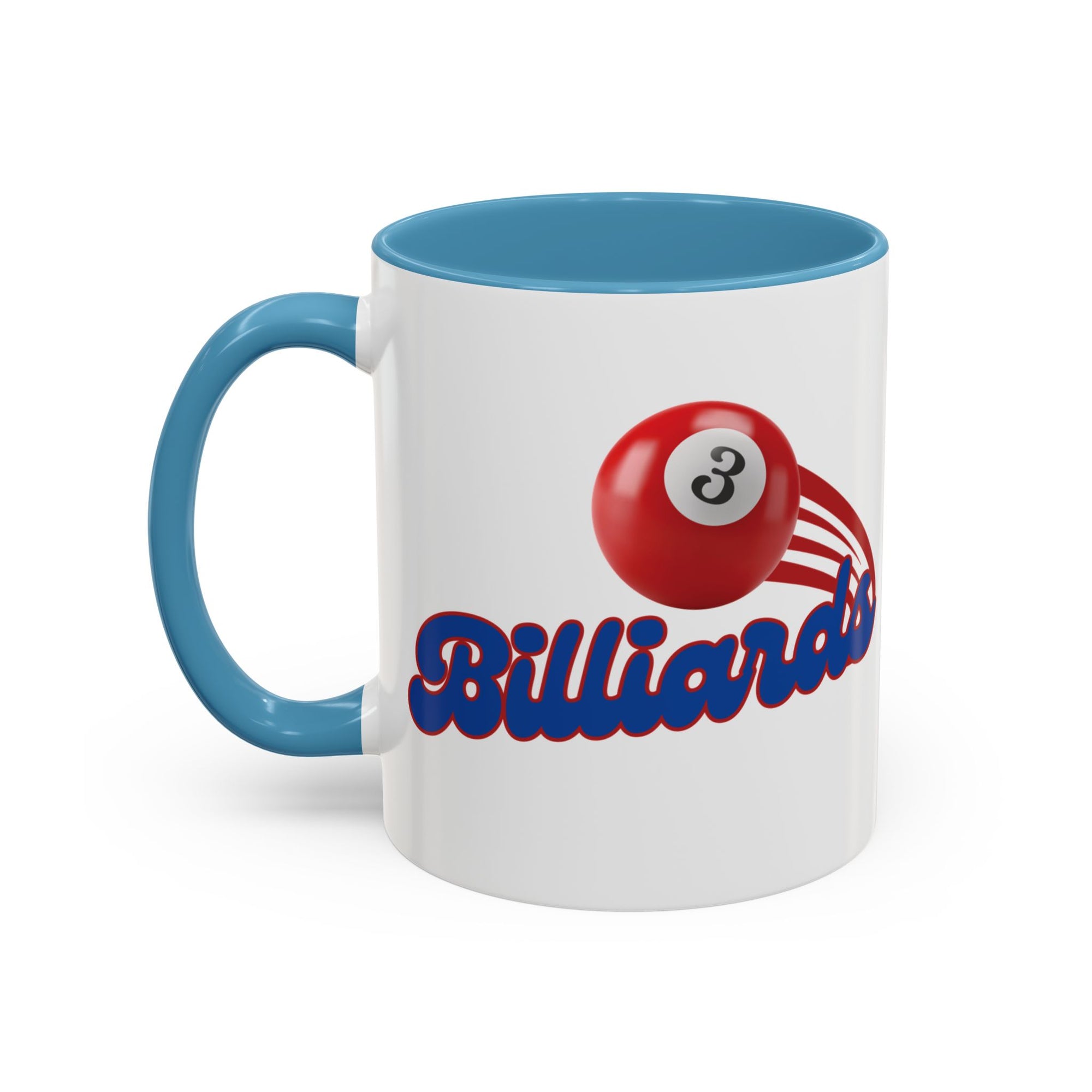 A white ceramic coffee mug with light blue accents on the handle and interior, with billiards ball and text that says "Billiards" against a white background 