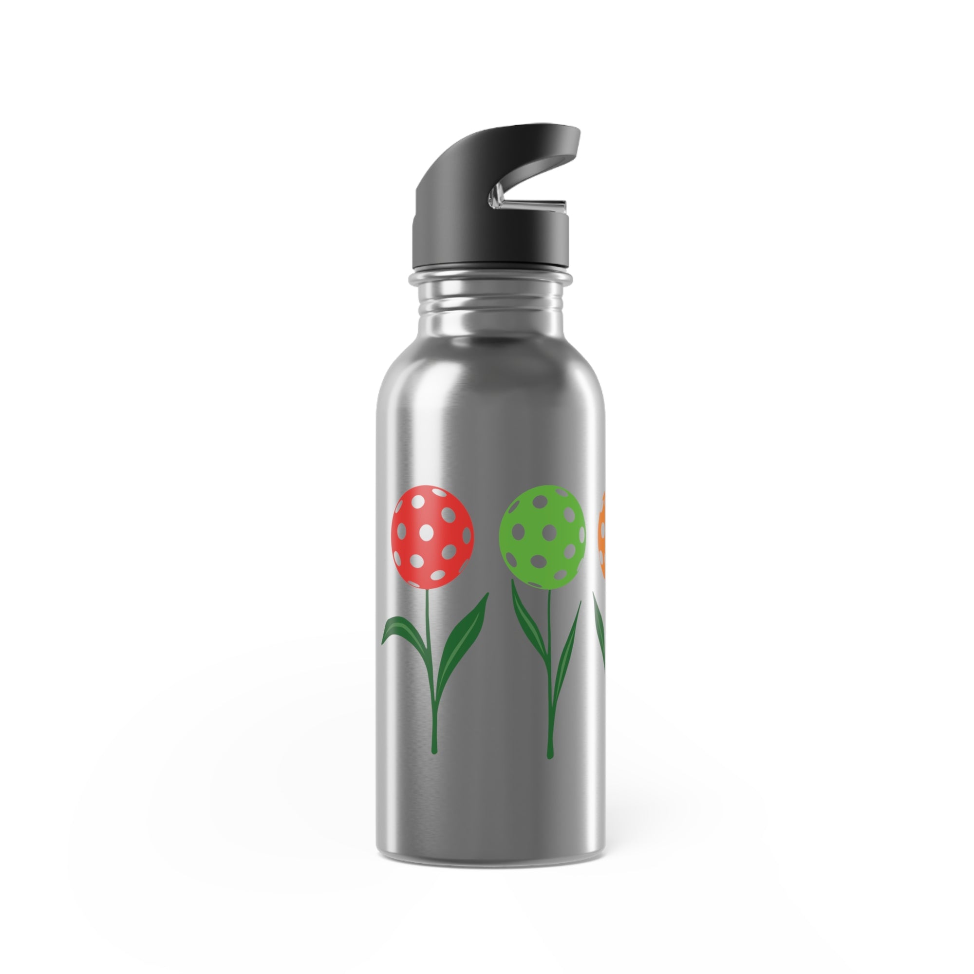 A stainless steel water bottle with lid featuring colorful flowers made from pickleballs on green stems with leaves, against a white background