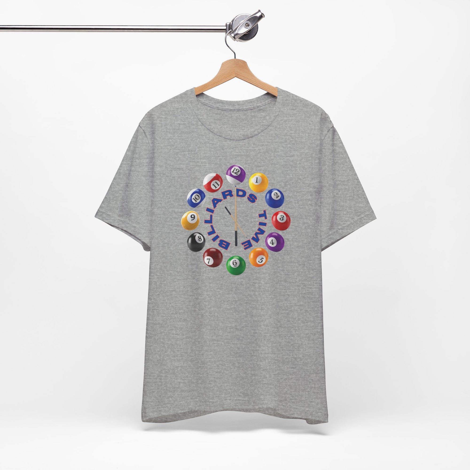Gray t-shirt with the text "Billiards Time" surrounded by a clock made up of colorful billiard balls and cue sticks, on a white background