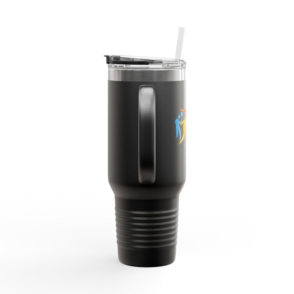 Side view of a black 40oz travel tumbler with lid and straw featuring an image of four colorful pickleball player drawings playing pickleball against a white background