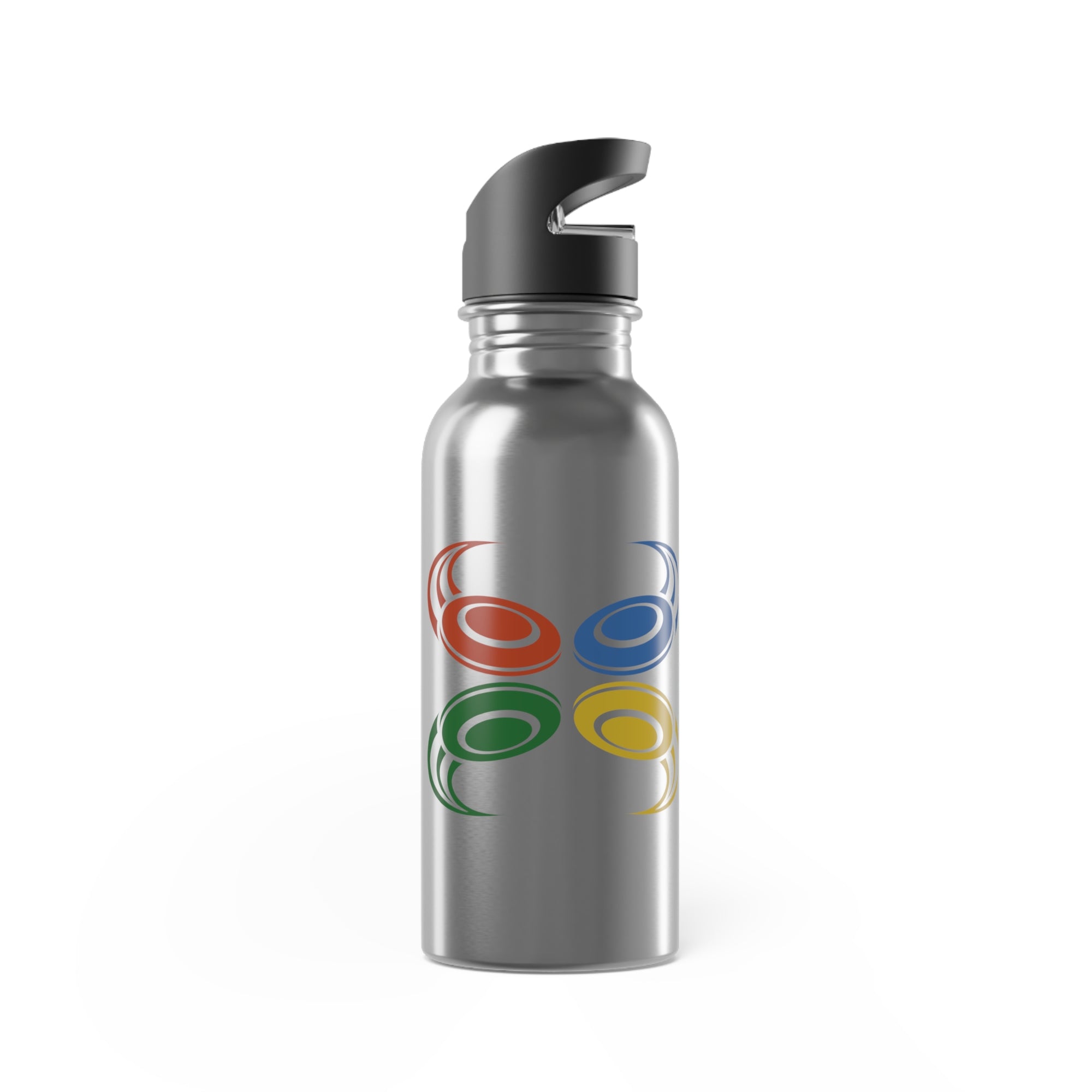 A stainless steel water bottle with lid featuring a colorful graphic of flying disc golf discs, against a white background