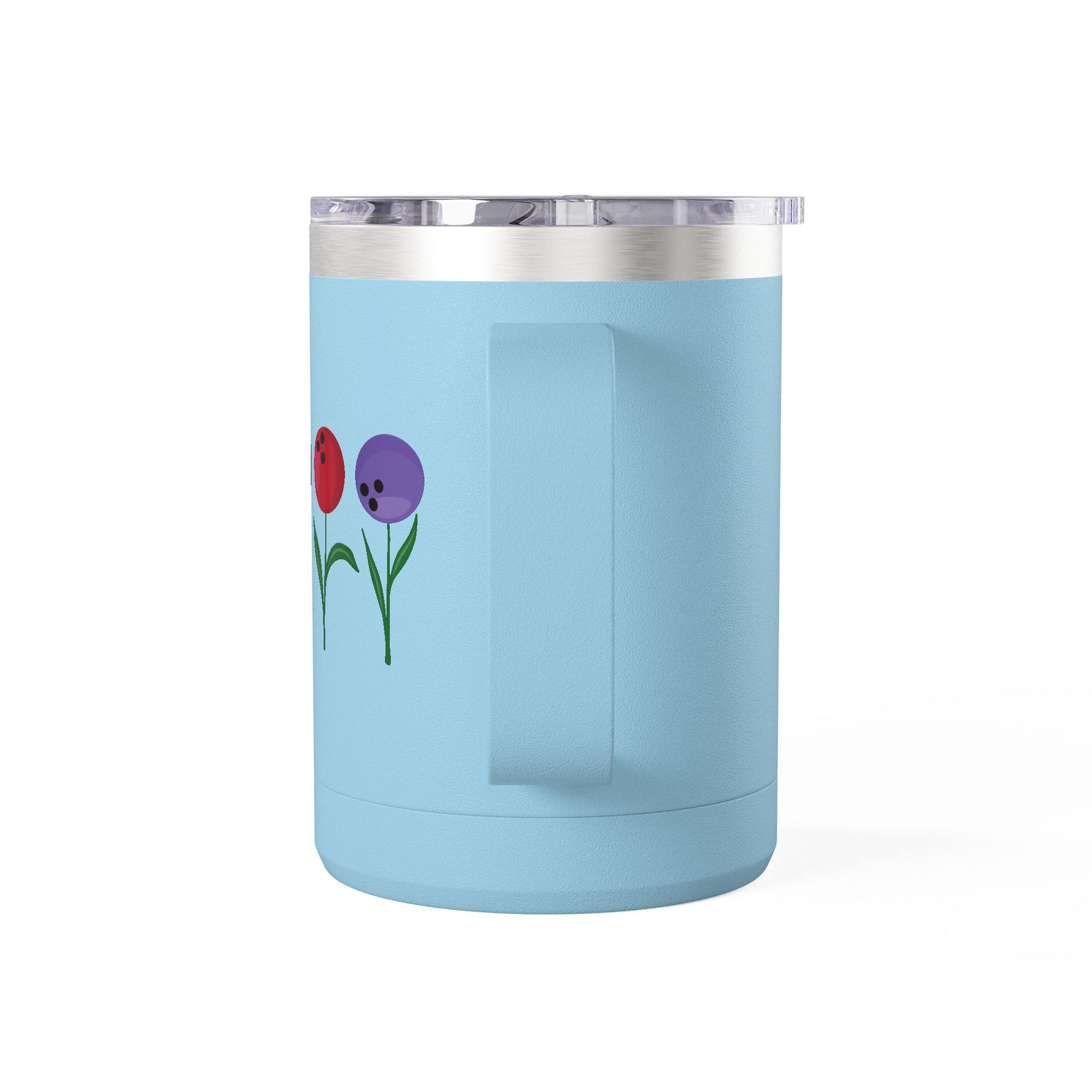 The view of the handle of a blue travel mug tumbler with lid and handle, with colorful flowers made out of bowling balls, on a white background