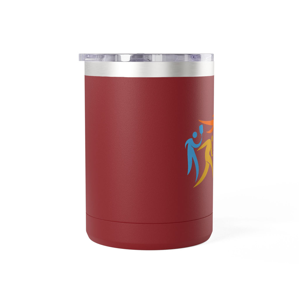 Side view of a maroon coffee travel tumbler with lid and handle featuring an image of four colorful pickleball player drawings playing pickleball against a white background