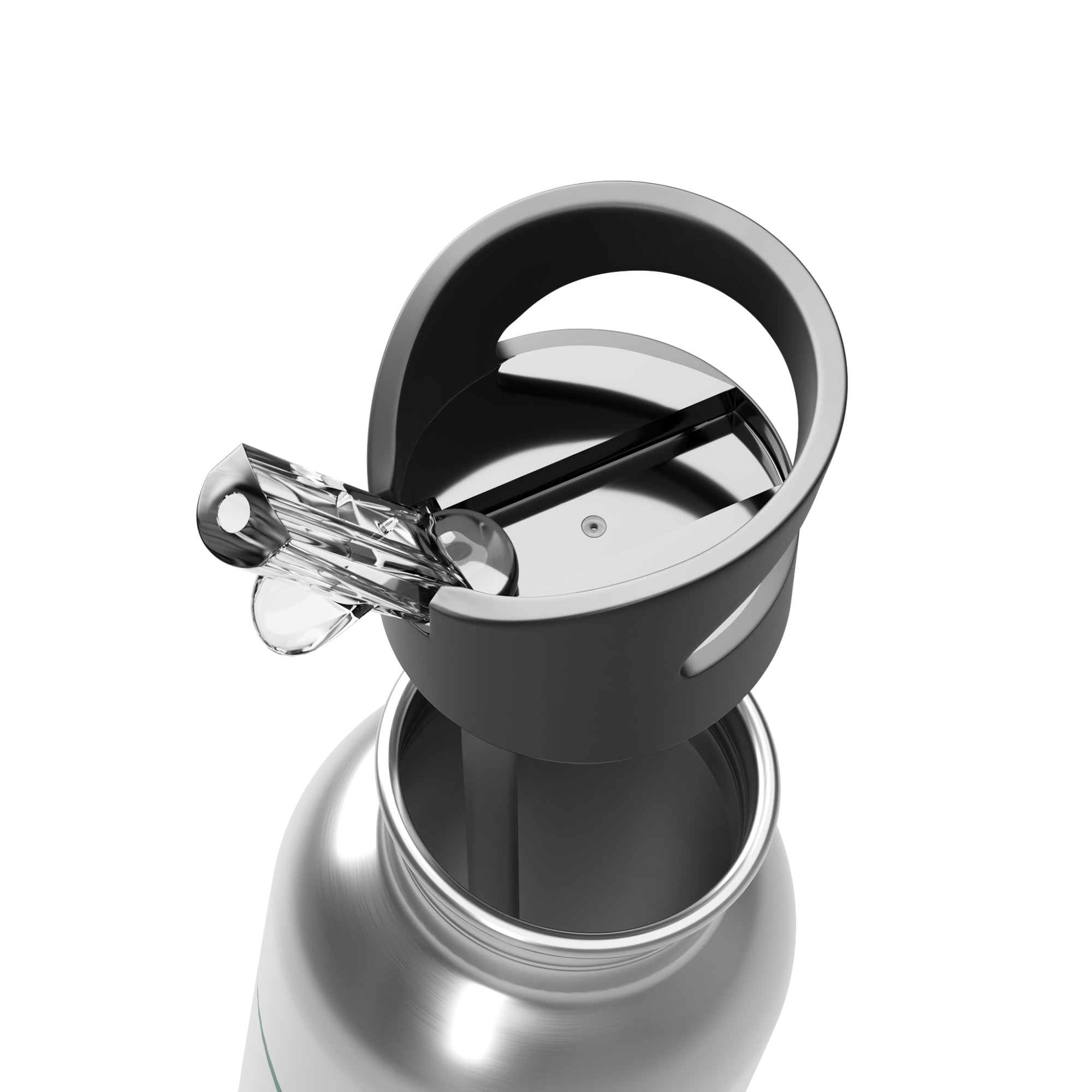 Close-up of a silver water bottle with a black cap on a white background