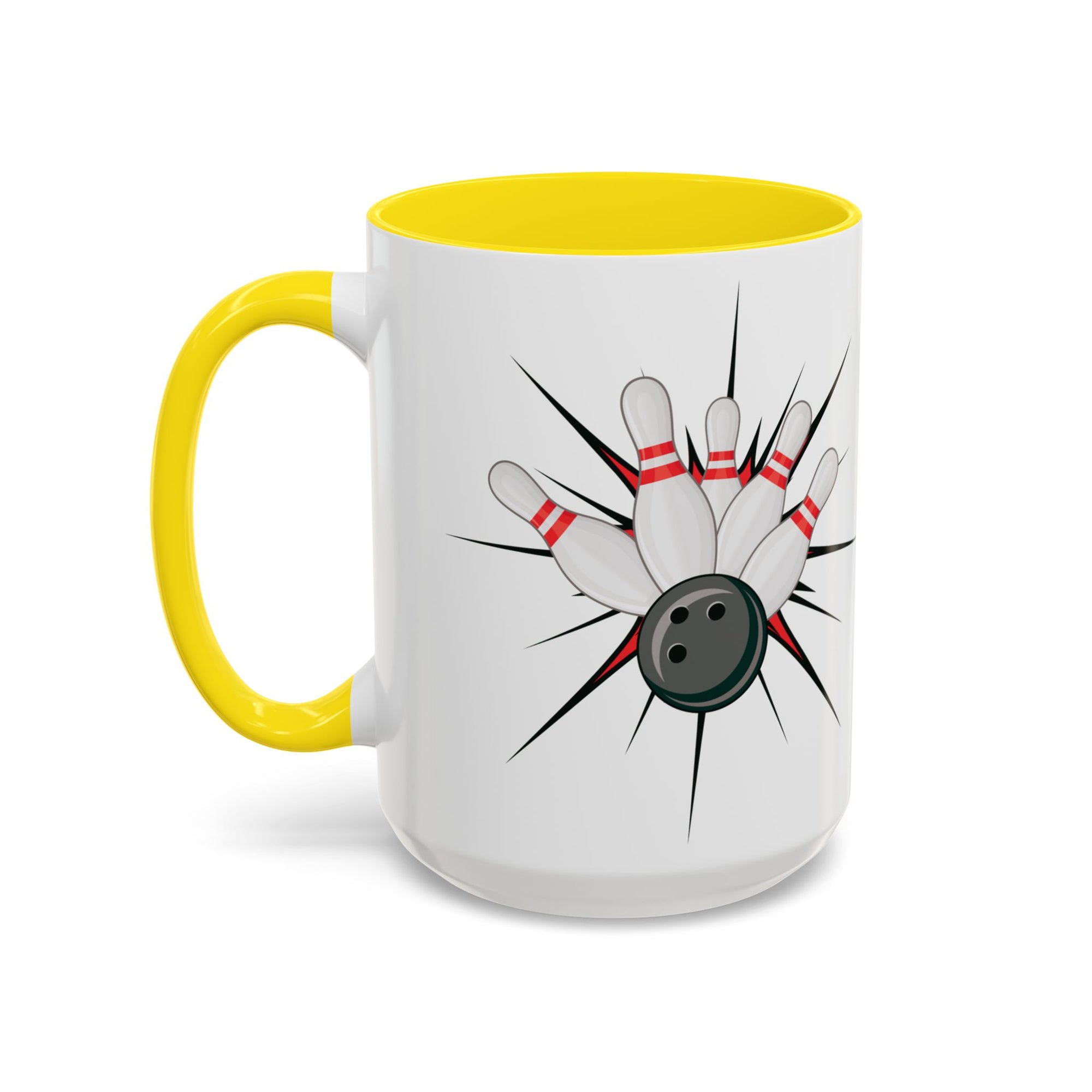A white ceramic coffee mug with yellow accents on the handle and interior, with a graphic design of a bowling ball smashing into pins on a white background