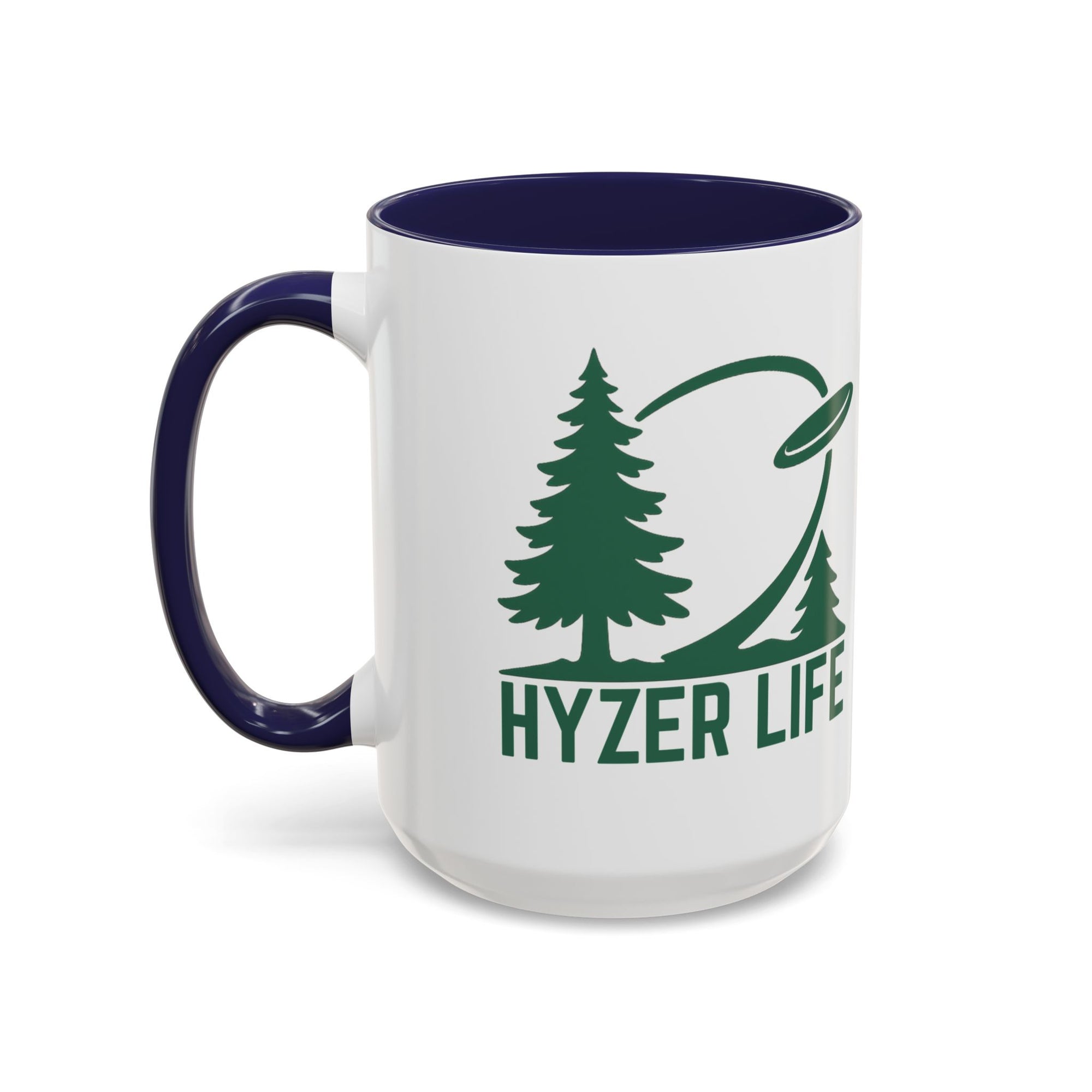 Ceramic coffee mug with dark blue accents on the handle and interior, with green graphic of trees and a disc golf flying with the words 'HYZER LIFE' below the image, against a white background