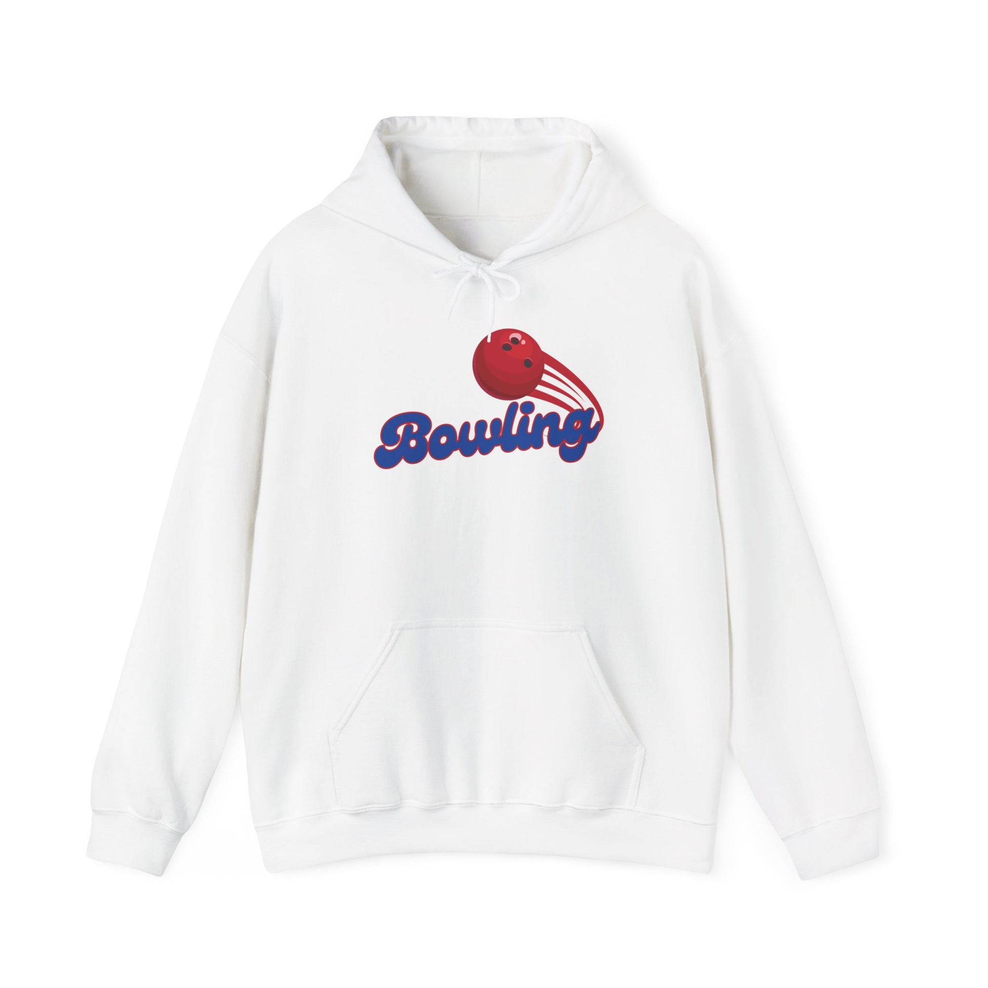 White hoodie with a red bowling ball graphic and 'Bowling' text on a white background