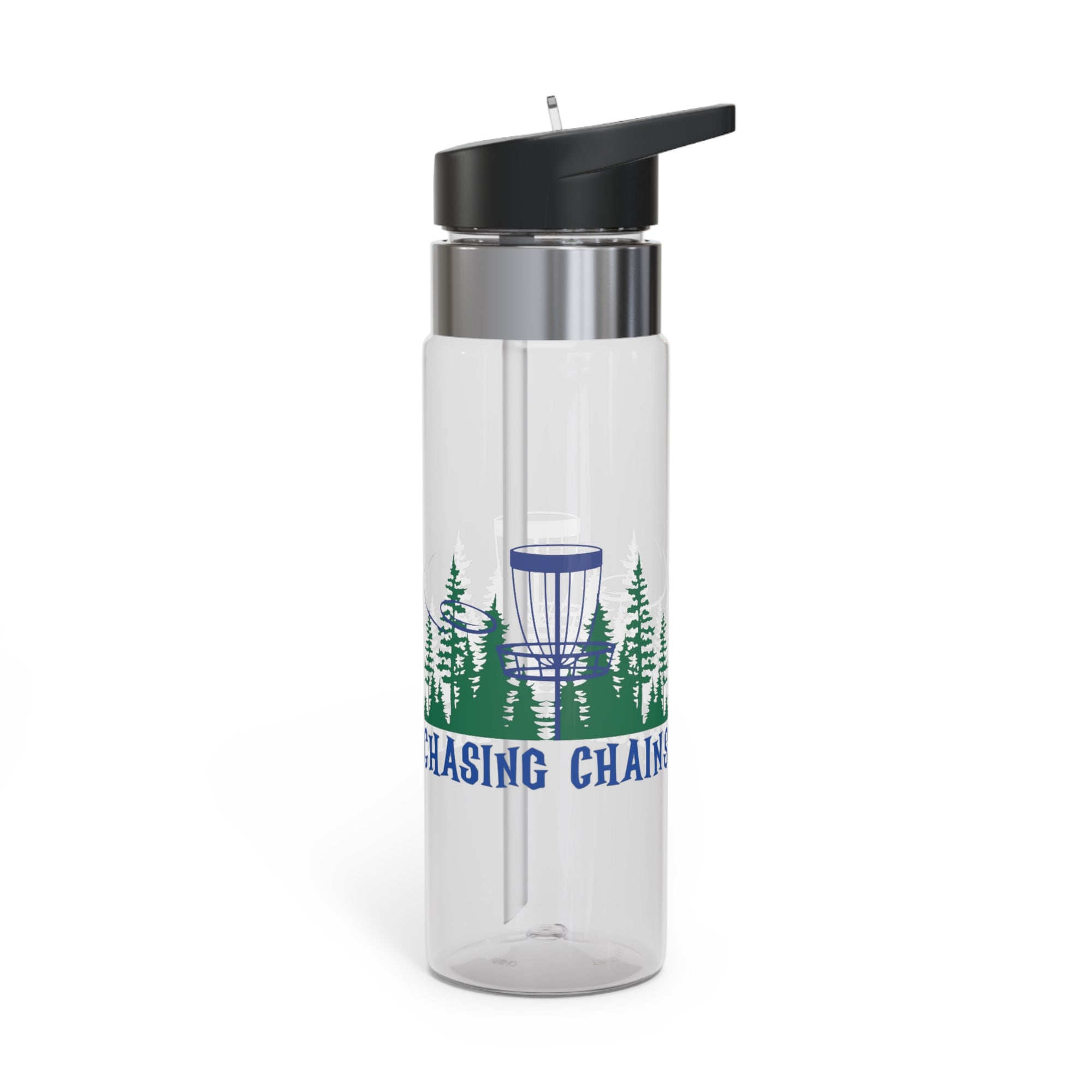 A clear water bottle with 'Chasing Chains' graphic featuring a flying disc golf disc and basket and chains in front of a scenic evergreen tree landscape, against a white background