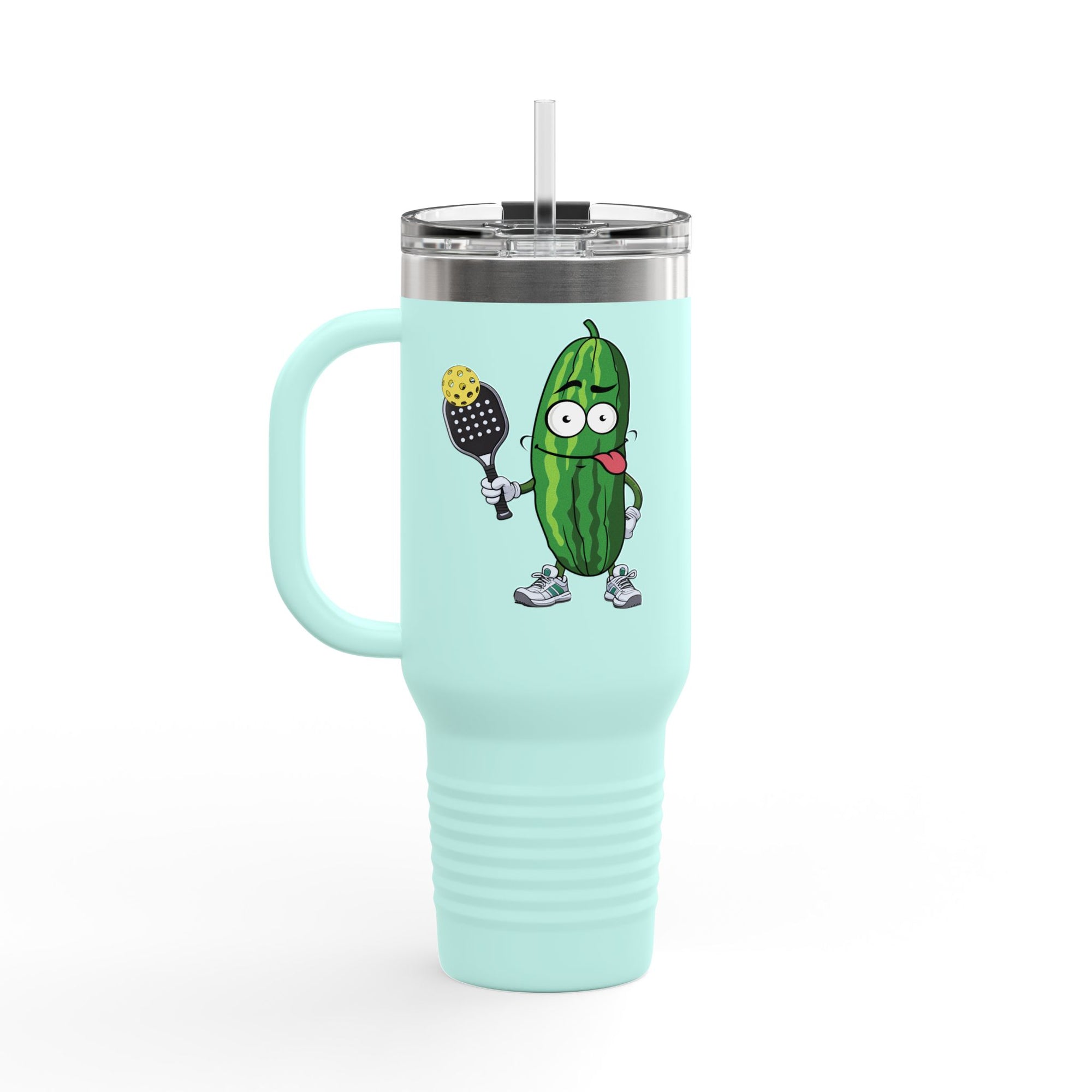 A teal 40oz tumbler with lid and straw featuring a cartoon pickle with googly eyes and his tongue sticking out, holding a pickleball paddle with a yellow pickleball, against a white background