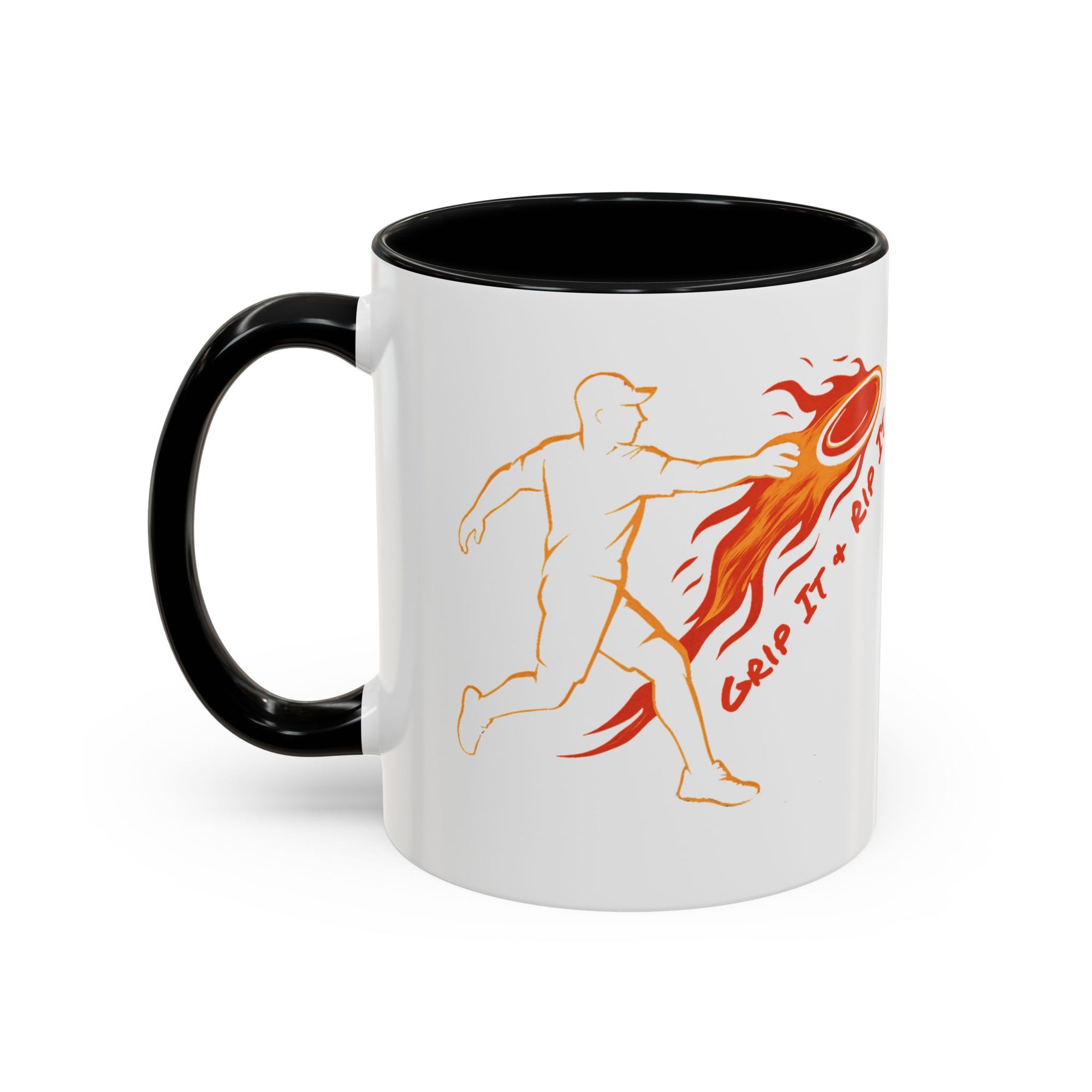 A ceramic coffee mug with black accents on the handle and interior, featuring a graphic design of a person throwing a disc golf disc with flames coming off the disc and text 'Grip It or Rip It' against a white background.