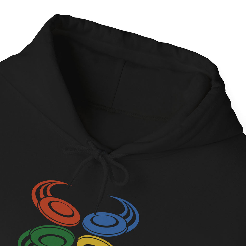 Close-up view of the neckline of a black hoodie with colorful graphic of flying disc golf discs, against a white background