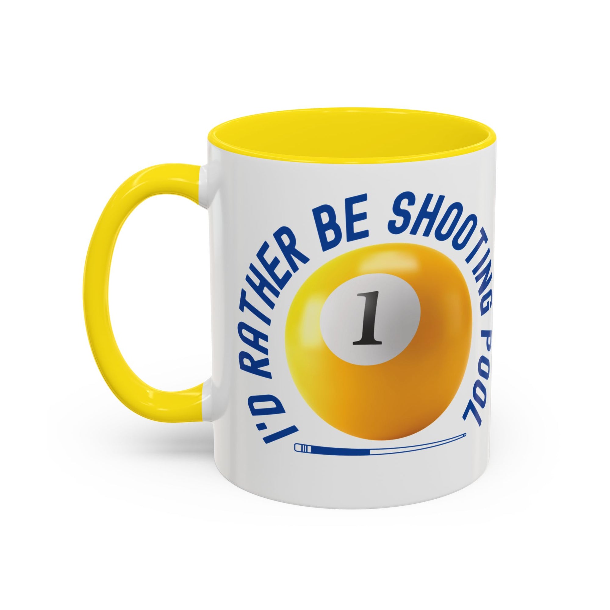 Ceramic coffee mug with yellow accents on the handle and interior, with a yellow billiards ball and cue stick graphic and the text "I'd Rather Be Shooting Pool" on a white background