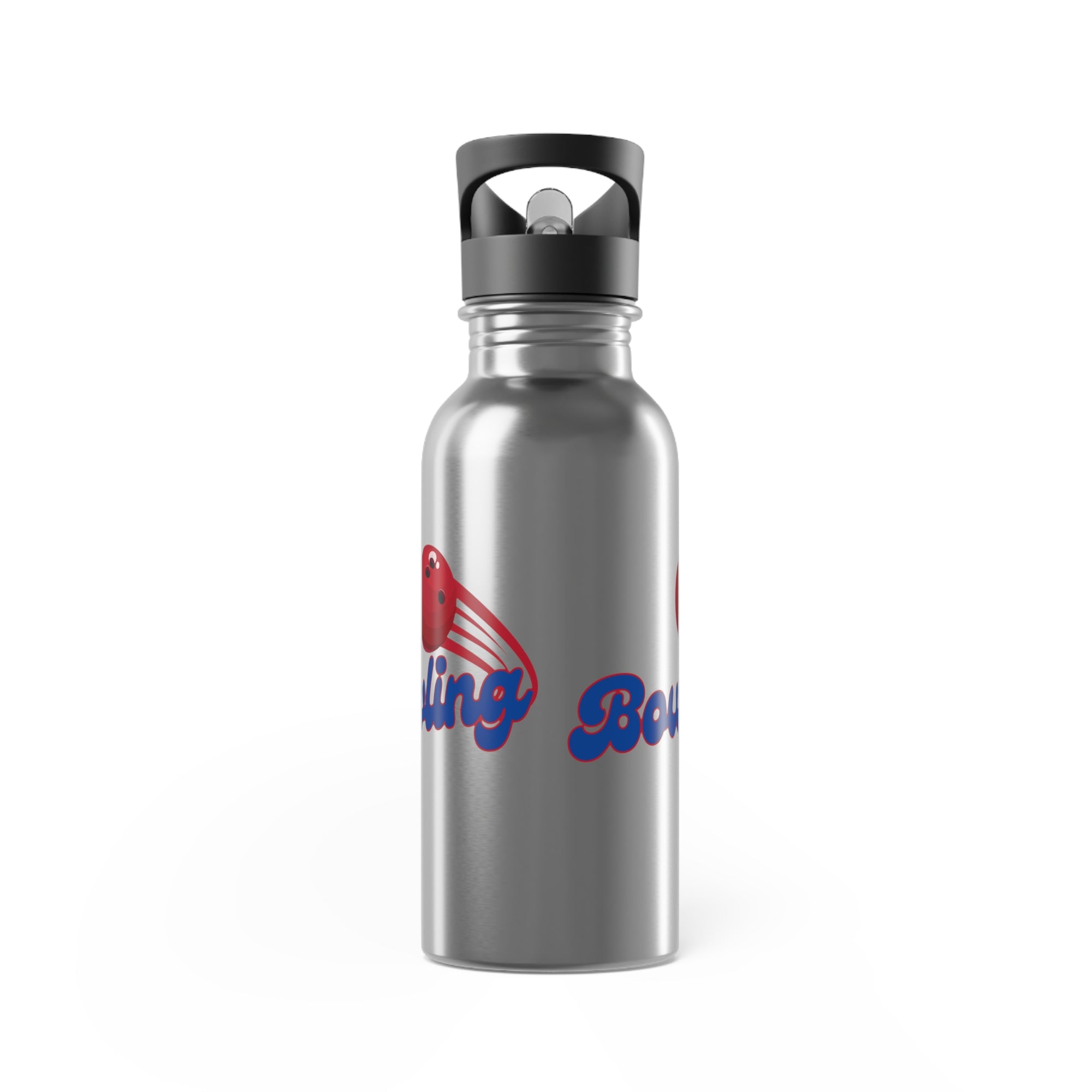 A stainless steel water bottle with black lid, with a red bowling ball graphic and 'Bowling' text on a white background